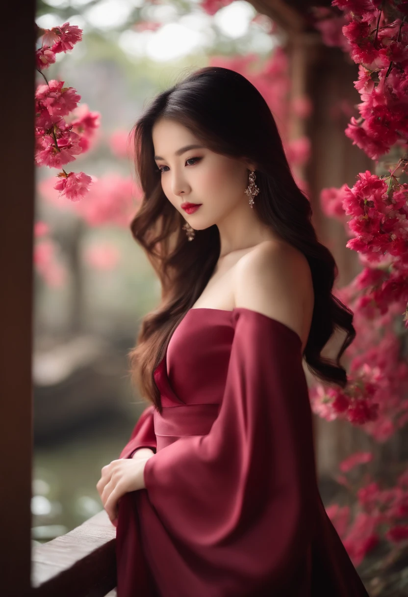 Here lived a beautiful Japanese girl named Sakura - Visualize Sakura, a young Japanese woman in burgundy evening dress with with bare arms and shoulders, long brunette hair, striking beauty and an air of elegance