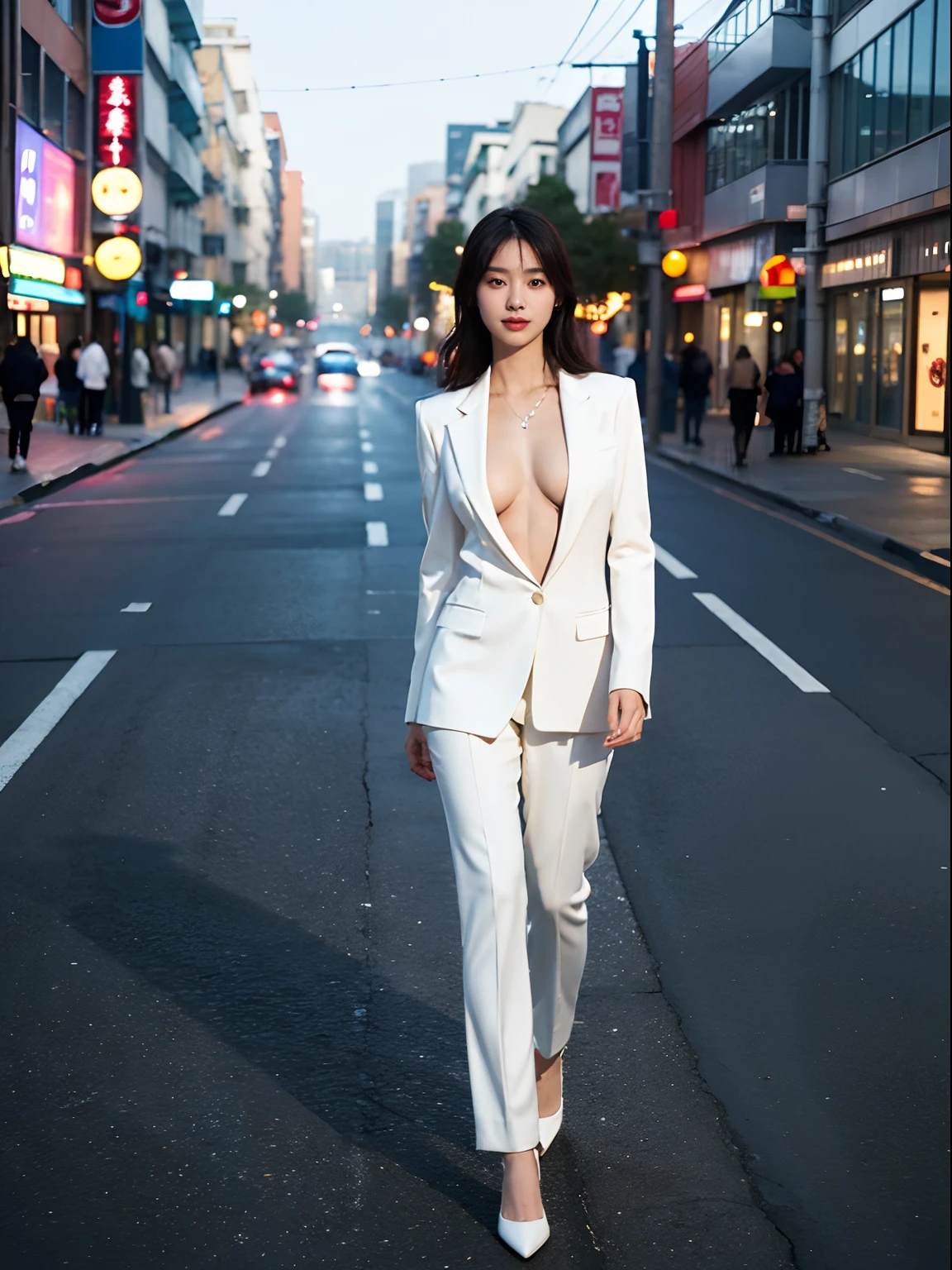 1girl,young asian girl, shiny skin,(large breasts,cleavage cutout),(sexy leg line:1.3), thin waist,((white skinny fit crepe coat,white tuxedo pant suit,formal business suit,tight skinny outfits)),(detailed outfit:1.2),(smile:0.9),(blur background:0.7),looking at viewer,full body view,full body, (street:1.2),(walk at street,japanese town),detailed japanese town,detailed background,relistic weather,clear sky,(walking at street),smile,night ,(midnight),(shiny dress),(solo focus),(focus:1.4),(The golden ratio figure),masterpiece, best quality, best perspective, ultra-detailed and intricate, extremely delicate and beautiful, best quality light,realistic,photorealistic,award-winning illustration,(intricate details:1.2),(delicate detailed) (intricate details),(club light,best quality Backlights),clear line,sharp focus,official art,unity 8k wallpaper,absurdres,incredibly absurdres,ultra-detailed,highres,extremely detailed extremely delicate and beautiful,RAW photo, professional lighting,dynamic lighting,light on the face,depthoffield,solofocus,masterpiece,