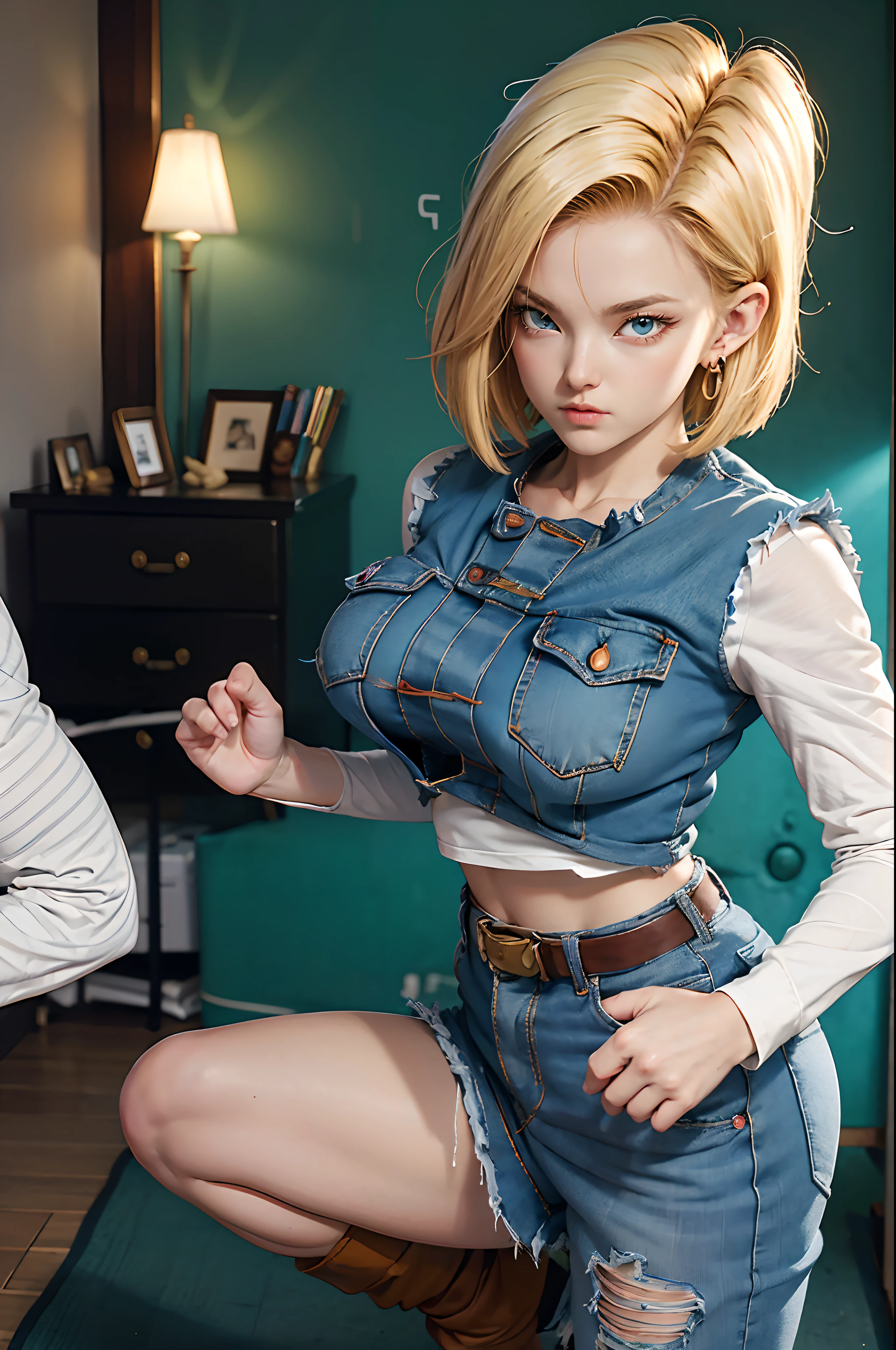 imagem hiper detalhada, UHD, 16k, foto profissional, (Foto realista do Android-18 de Dragon Ball Z)  deusa da beleza, cabelos loiros curtos muito lisos, severe facial expression, (Ela usa uma jaqueta jeans azul e uma camisa cropped , Short white underground showing breast meat), Erotic, jaqueta jeans aberta mostrando seu grande, Seios lindos e perfeitos, longos seios pontiagudos saindo da jaqueta, (Ela usa um cinto e uma saia jeans azul levantada mostrando micro calcinha presa nela ), bubianos de cabelo mostrando, Botas marrons, perfect hands and fingers,
  Android 18, garota saiyajin sexy, Arte Oficial, Android-18 Sexy feminino, arte oficial do personagem, protagonista feminina sexy, corpo curvo magro e em forma :8, Akiri Toriyama, Diretor: Akira Toriyama, Bulma de Dragon Ball, Melhor Design de Personagem Anime, Akira Toriyama's stroke style, Cute single character, seminua