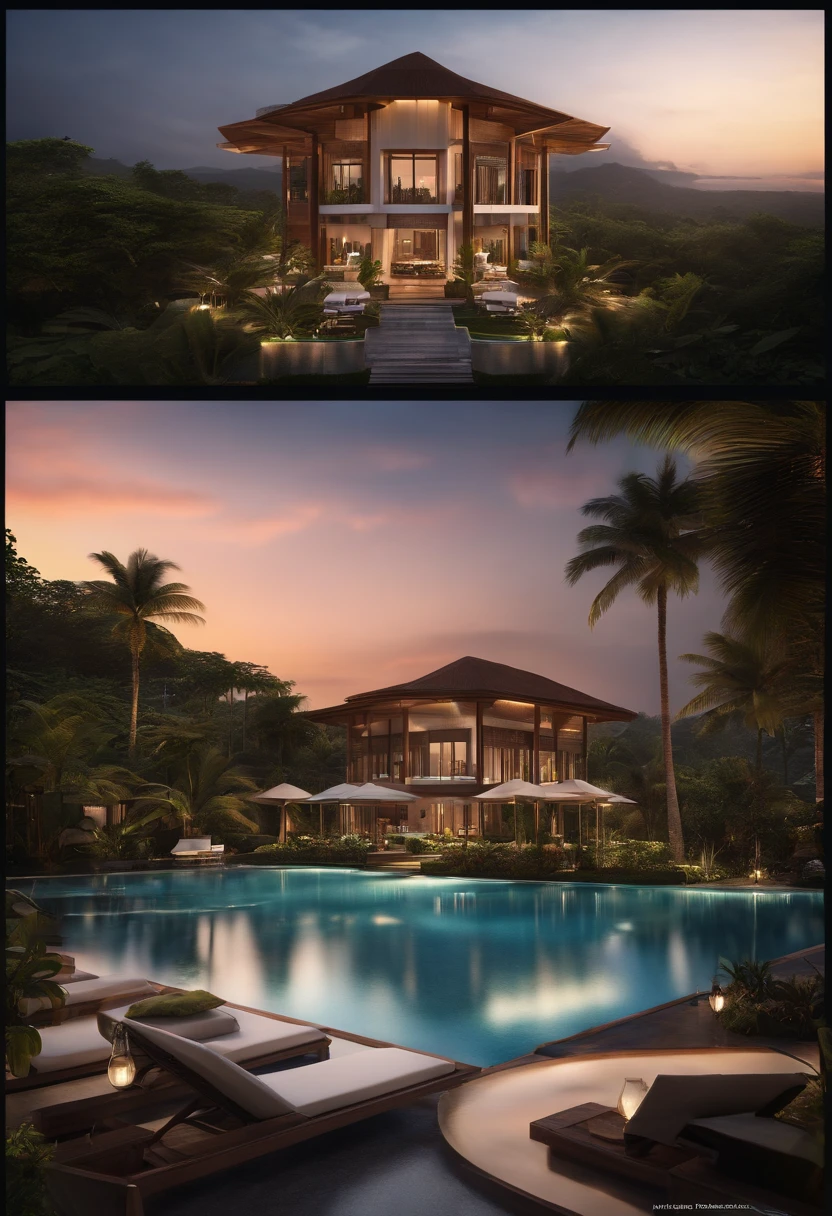 a resort exterior design, 10000 m2 area, located in indonesia, have tropical landscape & beach view, 85mm, f1.8, bird eye view, photo realistic, hyper realistic, super detailed, intricate, dramatic, sunset lighting, shadows, high dynamic range,