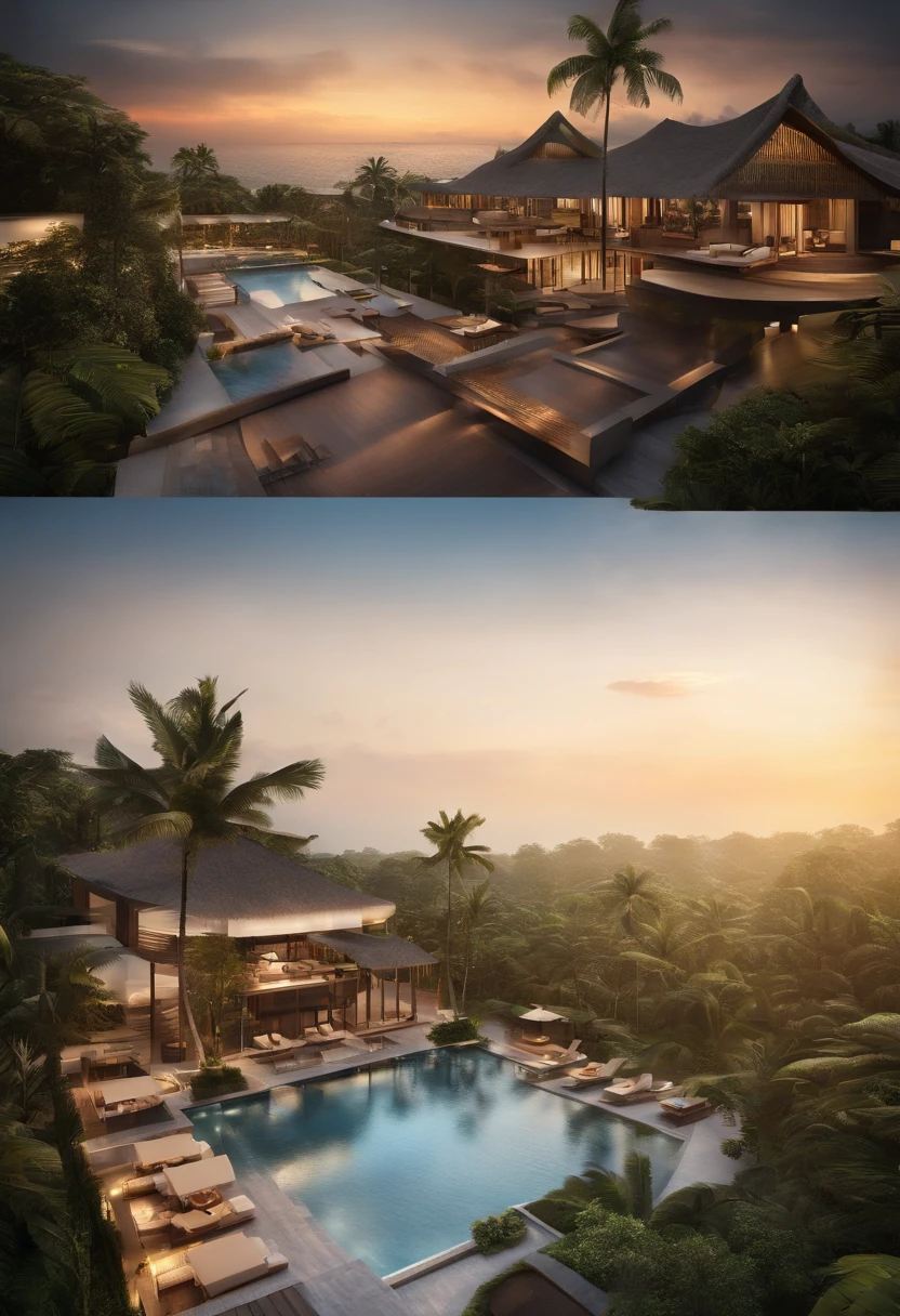 a resort exterior design, 10000 m2 area, located in indonesia, have tropical landscape & beach view, 85mm, f1.8, bird eye view, photo realistic, hyper realistic, super detailed, intricate, dramatic, sunset lighting, shadows, high dynamic range,