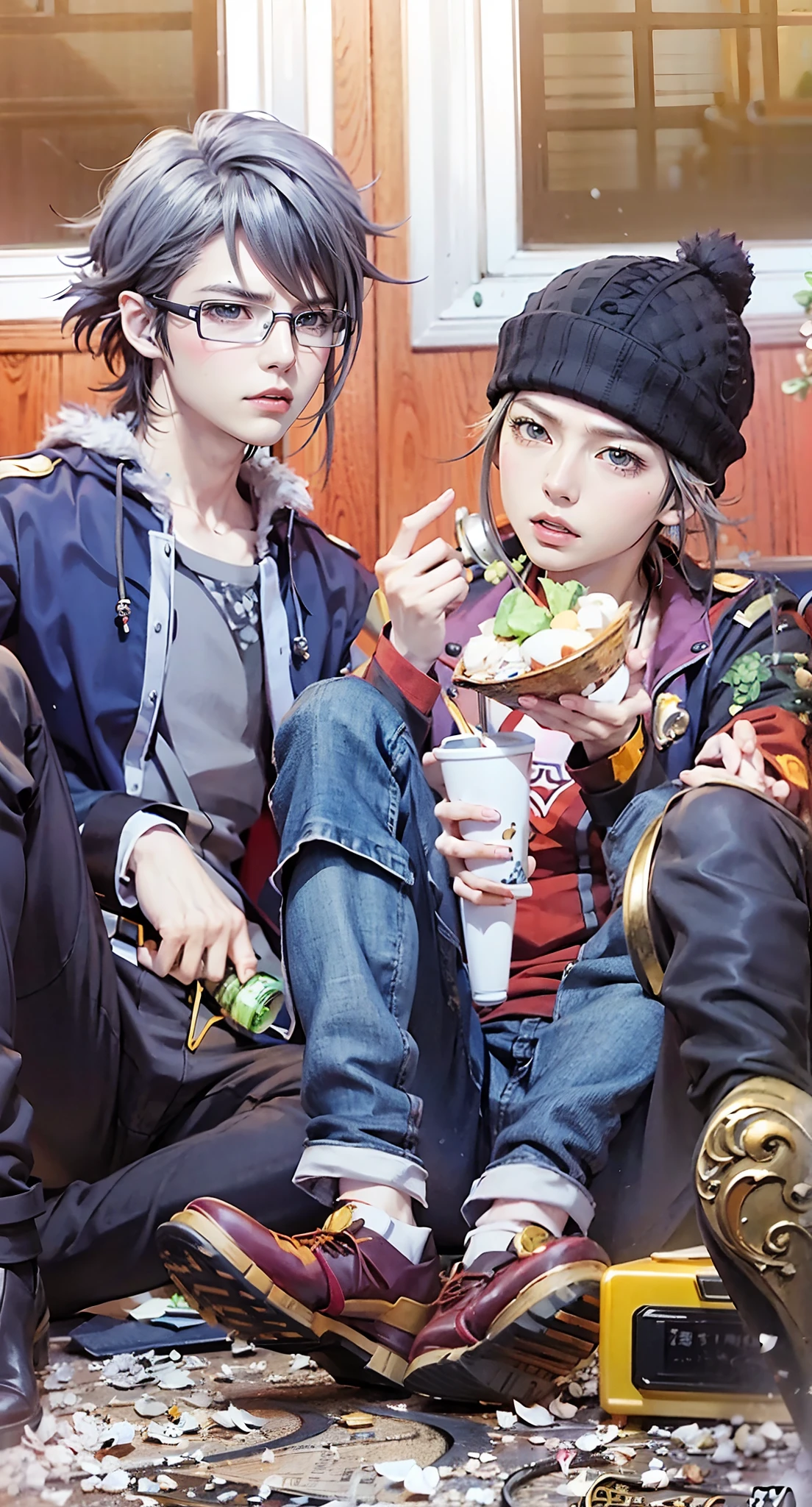 Anime characters sitting on the floor eating and drinking, Katekyo Hitman Reborn, anime cover, Beautiful Boys, high quality fan art, Two anime handsome men, sankakucomplex anime image, Leisurely, anime wallaper, hq artwork, Fine details. Anime. skins, from yowamushi pedal, Very anime style, tekkon kinkreet