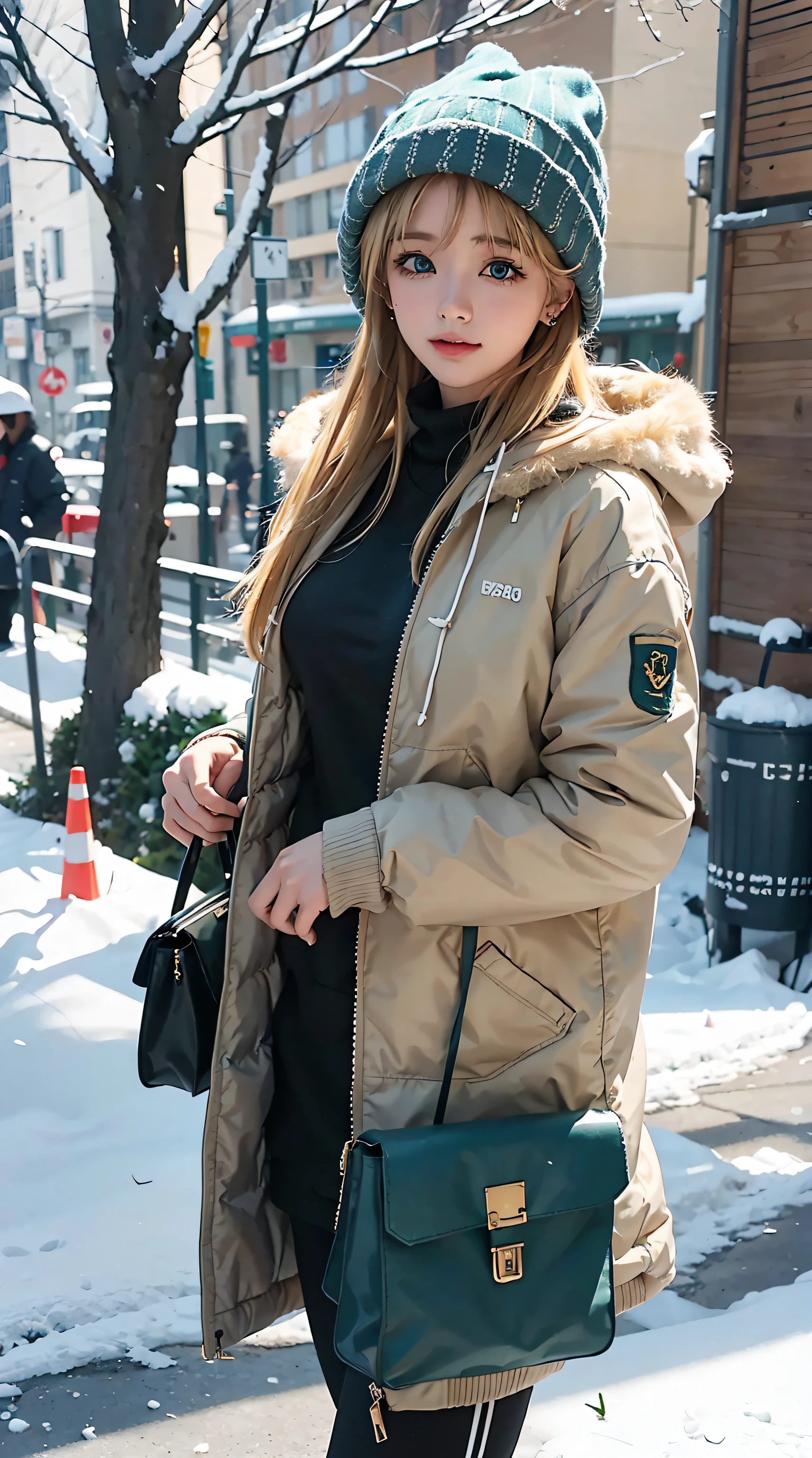 masterpiece, best quality, , 1girl, solo, looking at viewer, , depth of field, asia_argento, blonde hair, green eyes, perfect body, perfect breasts, wearing a beanie, wearing a winter jacket, wearing duffle coat, carrying a bag, wearing a watch, wearing earrings, in public, being in tokyo city, being on the street, snow on the street, it's snowing, looking at the viewer, a slight smile, realism, masterpiece, textured leather, super detail, high detail, high quality, best quality, 1080p, 16k