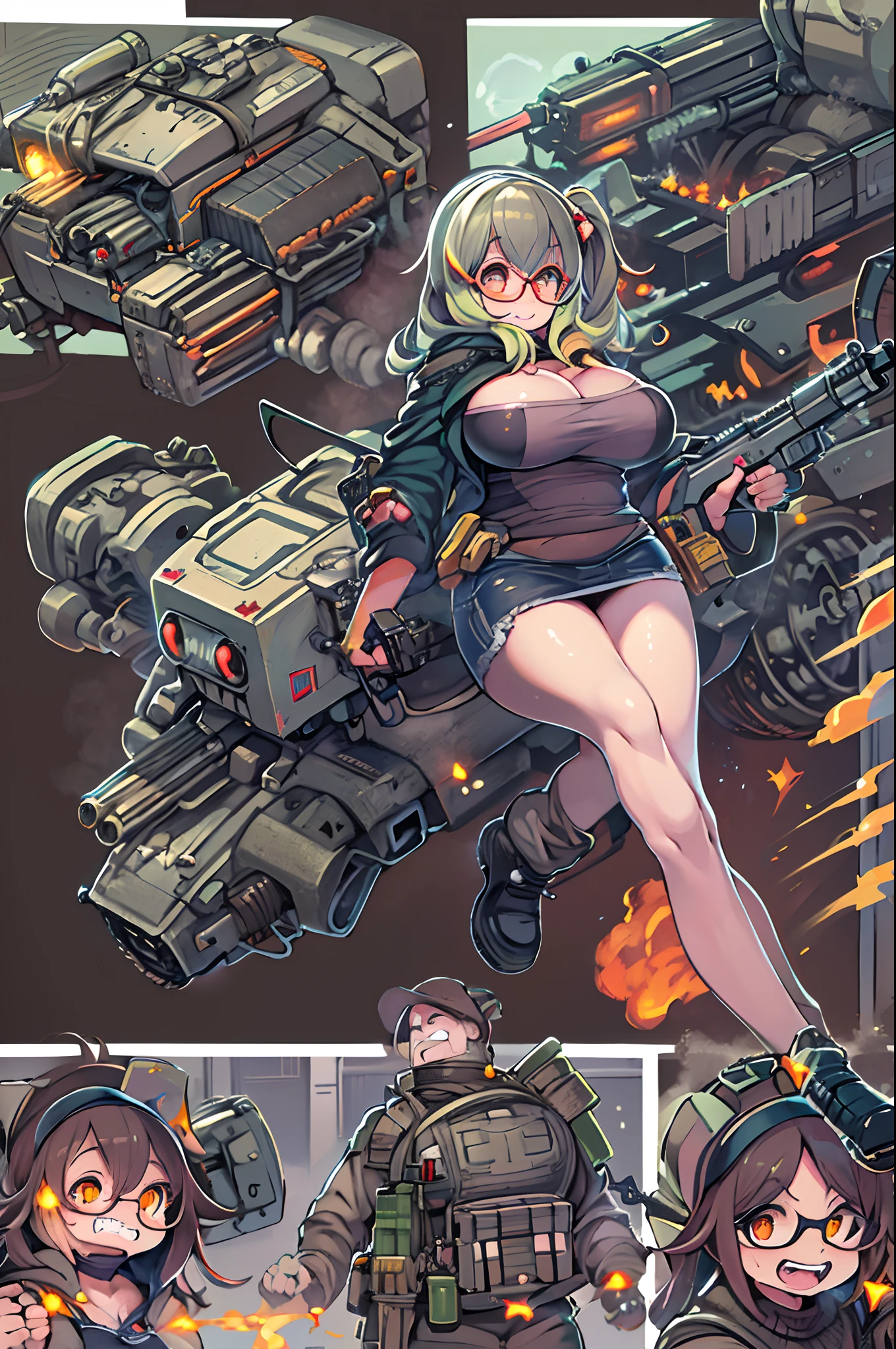 (high quality, best rendering), (beautiful girl), gray hair(bombshell, style pin-up), a psychopath, crazy face, y pose, denim short shorts, mother, pastel, centered, scale to size, Micro thongs, micro BIKINI, cam