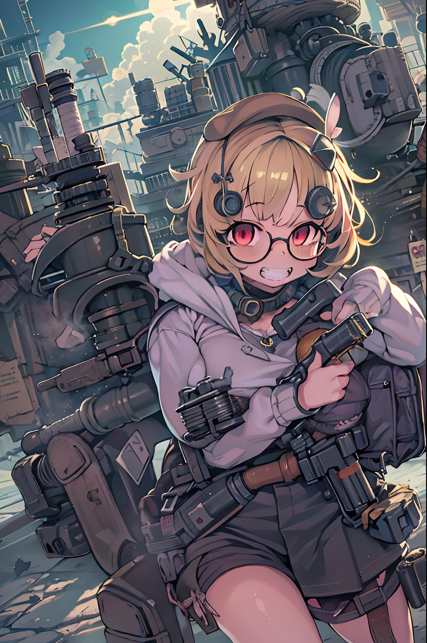 masutepiece, Best Quality, 1girl in, Sharp eyes, Evil smile,rocket launcher、Huge firearms、big round glasses,Camisole、Jagged teeth,Moe、heavy machine gun、machine gun、Spree、big explosion