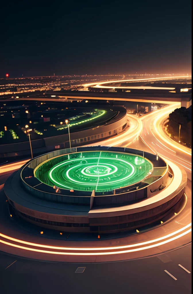 Roundabouts, Circuit boards, The circuit of the circuit board is luminous, The circuit that gathers in the middle rises from the bottom in three dimensions, The raised circuit lines merge into a sculpture, Night view, 3D, Vihans