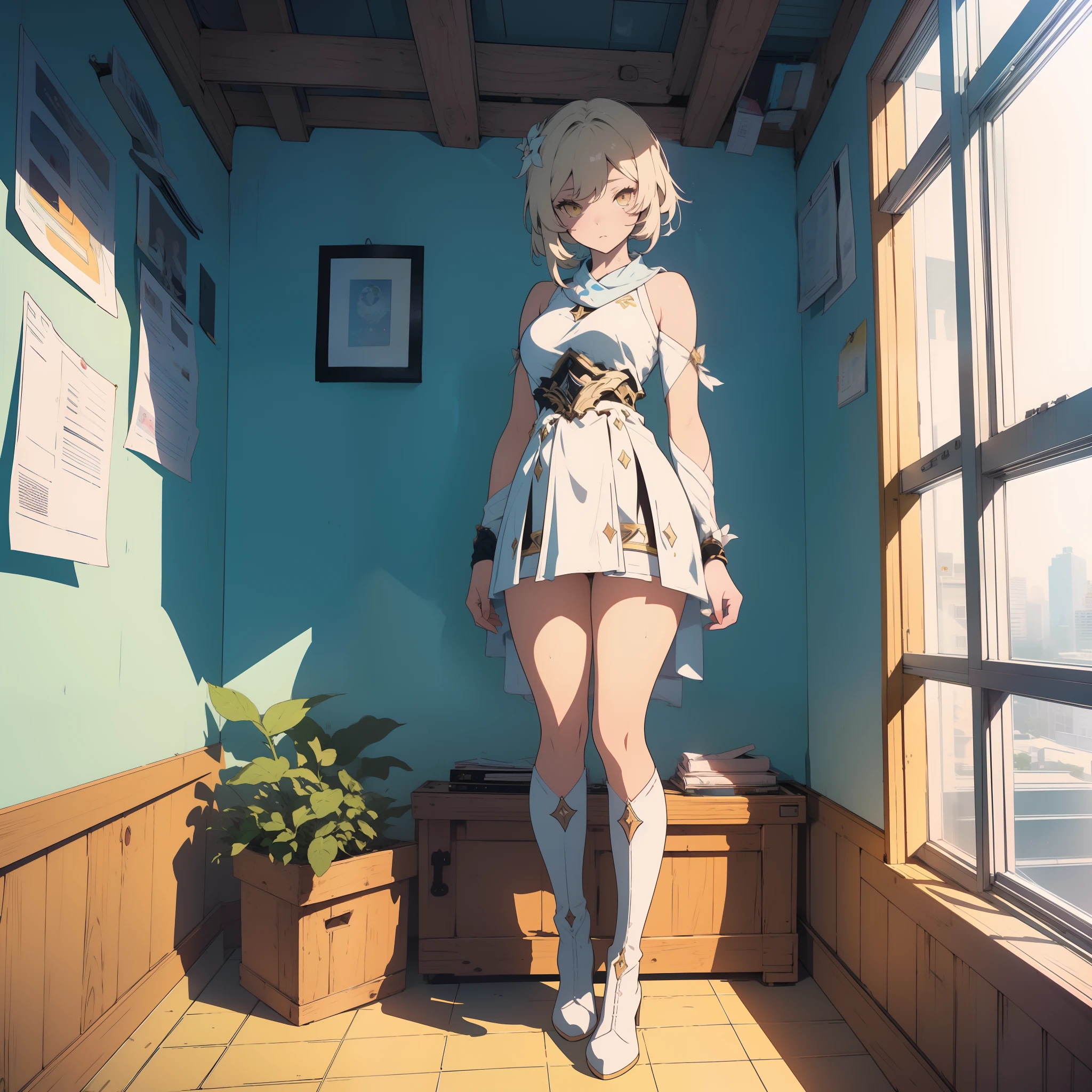 (masterpiece, best quality), (risograph) beautiful girl, Lumine from "Genshin Impact",
luminedef, standing in her room, (detailed beautiful eyes) medium body shot, underboob, blonde, short hair, yellow eyes, ultra detailed yellow eyes, full-body shot, sitting on a window sill, dominant pose, sexy dominant pose, white tall boots