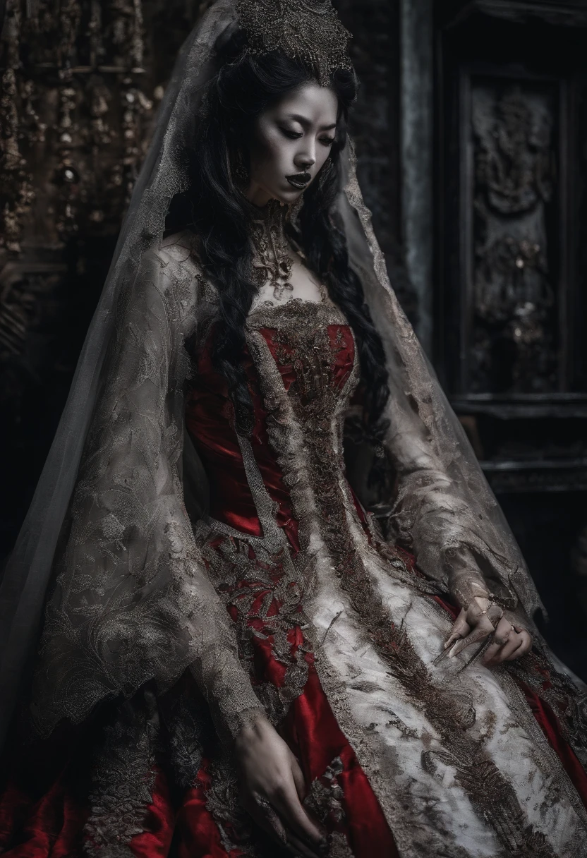 Ghost Bride，Blood-red clothes，darkly，An atmosphere of terror，super detailing，Masterpiece, Best quality