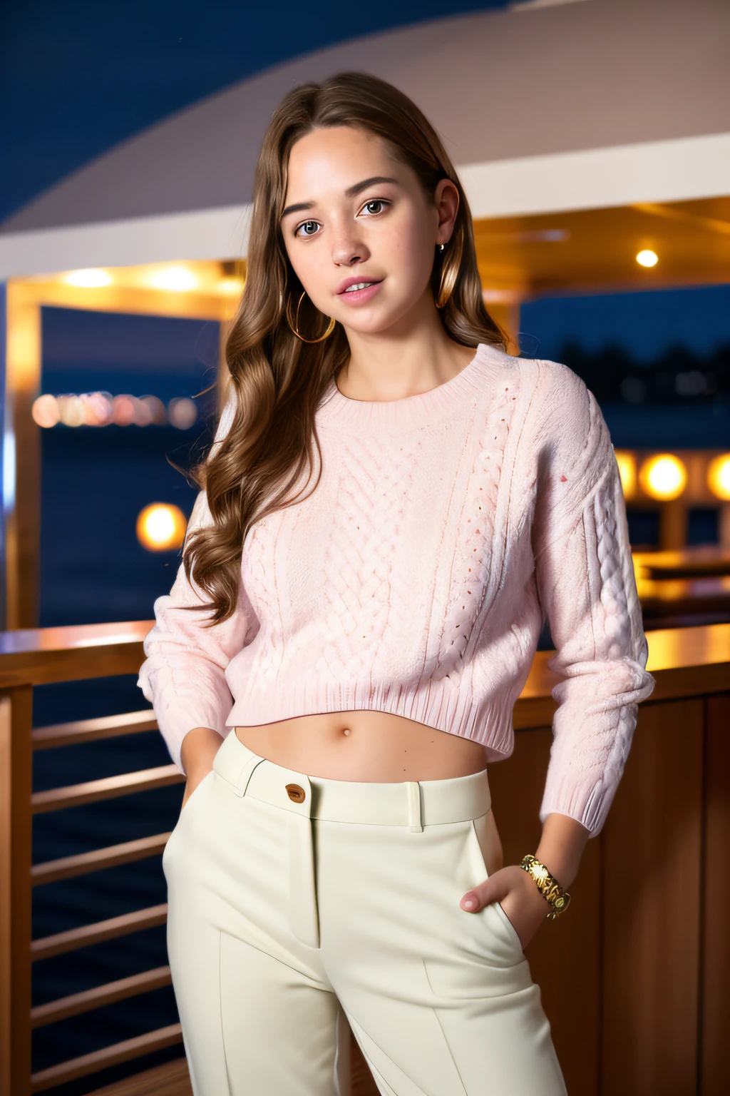 1girls women nautical wear sweater slacks at the bar lounge luxury yacht carribean ocean night time (masterpiece:1.2) (photorealistic:1.2) (bokeh) (best quality) (deck party) (intricate details) (8k) (HDR) (analog film) (canon d5) (cinematic lighting) (sharp focus)