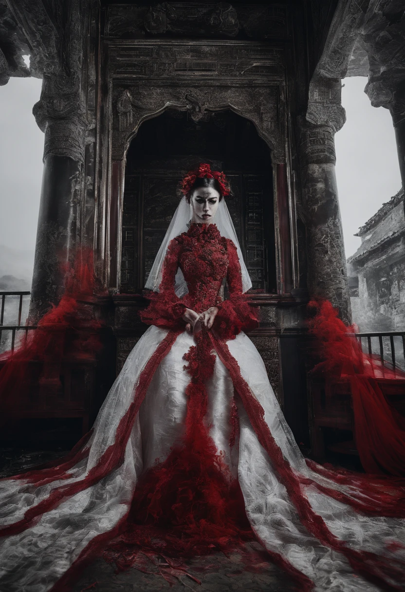 best qualtiy，tmasterpiece，超高分辨率，（realisticlying：1.4），Oriental ancient house in background，Breakage，Broken，Detal Face， 1 Oriental Girl，Redcoat，Wedding dress，Red veil，（Ghost smoke：1.2），The upper part of the body，a beauty girl，full bodyesbian，buliding，