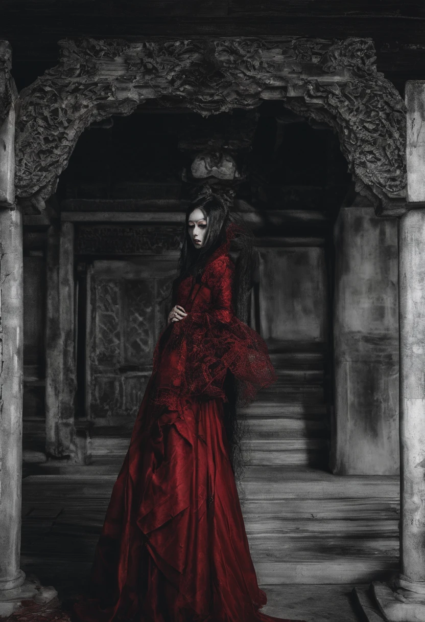 best qualtiy,tmasterpiece,超高分辨率,(realisticlying:1.4),Oriental ancient house in background,Breakage,Broken,Detal Face, 1 Oriental Girl,Redcoat,Wedding dress,Red veil,(Ghost smoke:1.2),The upper part of the body,a beauty girl,full bodyesbian,buliding,