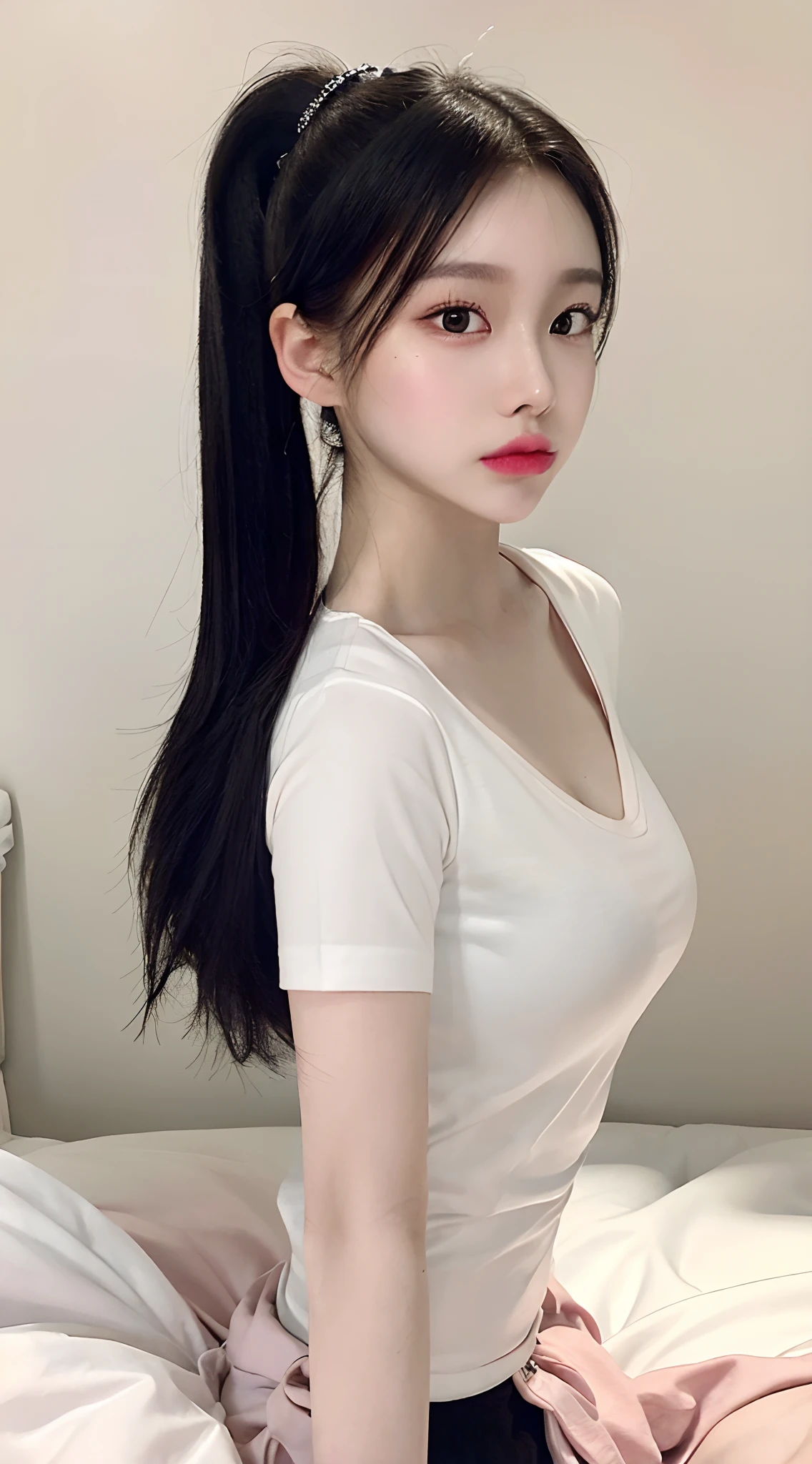 Raw foto, Photorealistic, s whole body, ponytail hair, pale-skin, Black eyes, Pink lips, (Cute), detailed background, Detailed face, Detailed Eyes, Detailed hair, All renders, super detaill, Anatomically accurate., high detailed, High Quality, Best Quality, high resolucion, 8K, Masterpiece,White shirt,On the bed