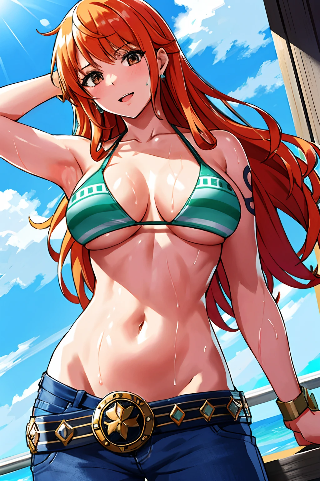 detailed background, masterpiece, 4k, epic, best quality, late youth, adult, wrestler body, strong, 1girl, active, energic, (large mouth) , solo, nami \(one piece\), 1girl, bangle, (very wet, drenched in sweat, sweat all over body, very wet hair, tired, open mouth, exhausted, shouting, sweaty face, sweaty body, sweating too much, shiny sweat, leaning, hands on hips, serious, glaring, open eyes, perfect detailed face, round face, sweat on face) bold drawing lines, muscular arms, detailed bold arm lines, flat jaw, adult woman, wavy wide streaked bangs, floating bang, (big cheeks), bare shoulders, off-shoulders, belt, bikini, bikini top only, blue sky, bracelet, springy breasts, breast lines, big round eyes, very big brown shiny eyes, bubbles, high eye position, cleavage, cloud, day, denim, earrings, floating hair, shiny hair, green belt, green bikini, bold groin lines, jeans, jewelry, medium breasts, log pose, long hair, looking at viewer, big navel, wet hair, orange hair, pants, shoulder tattoo, sidelocks, sky, solo, standing, stomach, Showing , , pink ,big round , visible ,wet body , milf,, tattoo , looking at viewer, open mouth, detailed left arm, big forehead, hourglass figure, small head, toned body, wide hair, wind effect, sun effect, under the sun, narrow small ears angle, older, random poses,