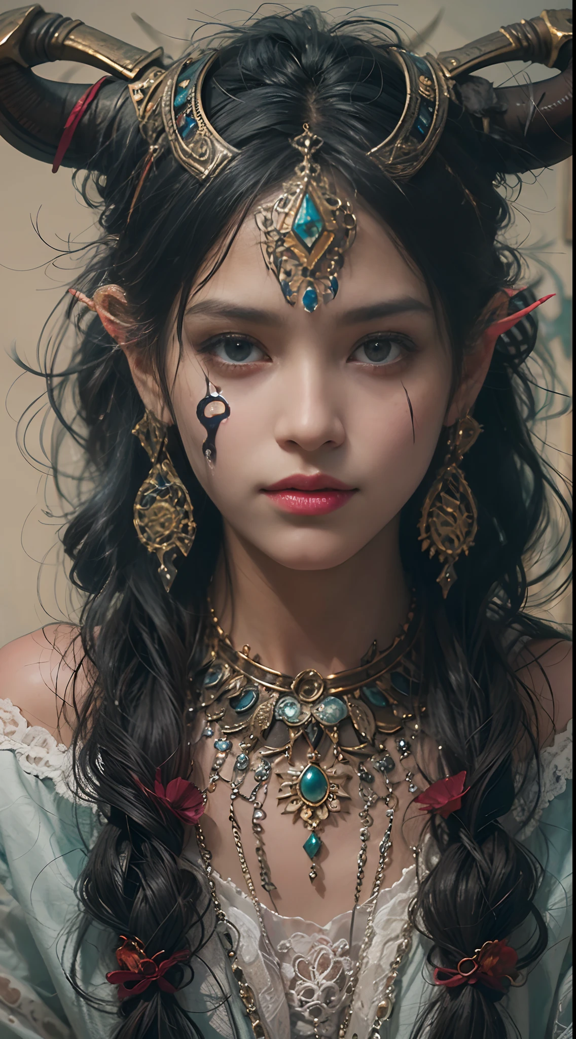 Beautiful Gypsy Beautiful Gypsy r with horns and black goo on her face, photorealistic, hyperrealism, DSLR, HDR, style by Victor Ngai, very symmetrical body