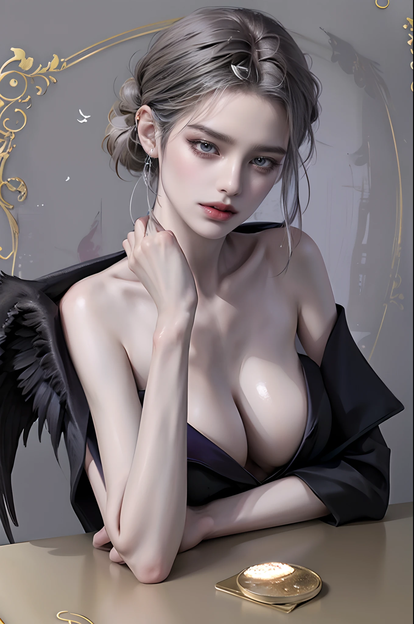 ((4K works))、masterpiece、(top-quality)、((high-level image quality))、((one beautiful women))、Slim body、((Black Y Shirt Fashion))、(Detailed beautiful eyes)、Crow on fantastic city background、((Face similar to Chaewon in Ruseraphim))、((shoulder-length hair))、((bright silver hair))、((Smaller face))、((Neutral face))、((Light blue eyes))、((Korean Women))、((18year old))、((Wild Lady))、((Wild look))、((Show your fangs and laugh))、((Korean makeup with black eyeshadow))、((elongated and sharp eyes))、((Shot alone))、((Fallen Angel))、((Fallen Angel Woman))、Photos of fallen angels、Villain、((amazing photo))、Photographed so that the whole body can be seen、horor、((There is a crow on the right shoulder))、Dark Proof、((Shot diagonally from the side))