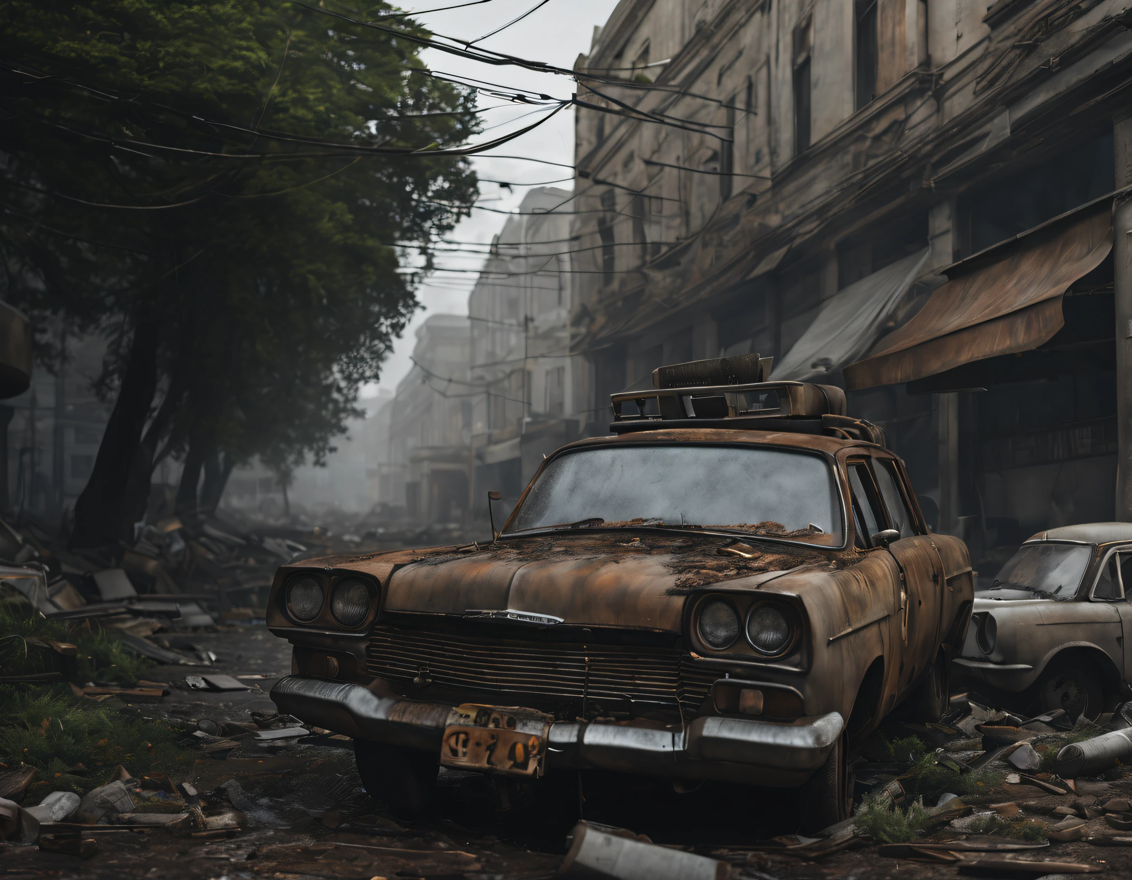 (best quality,4k,8k,highres,masterpiece:1.2),ultra-detailed,(realistic,photorealistic,photo-realistic:1.37), post-apocalyptic, rundown car, desolate street, suffocating atmosphere, creepy, meteor shower, catastrophe, apocalyptic city, abandoned buildings, decaying environment, overcast sky, toxic fog, destroyed infrastructure, hauntingly beautiful, eerie silence, remnants of civilization, overgrown vegetation, rusted metal, shattered glass, flickering streetlights, deserted vehicles, crumbling asphalt, polluted air, shattered dreams, bleak future, hopelessness, desolation, despair