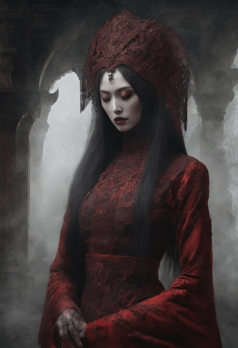 (best quality,highres,masterpiece:1.2),(realistic:1.4),Oriental ancient mansion,ruined,detailed face details,1 Oriental girl,red clothing,bridal attire,red head veil,(ghostly smoke:1.2),upper body,beautiful girl,full body,architecture