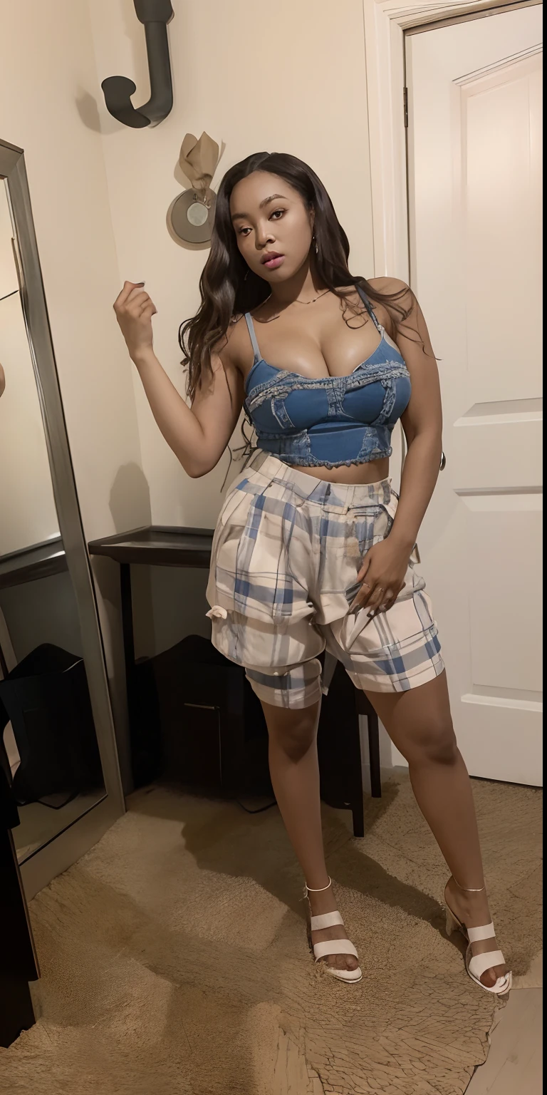 /n a k e d /video there is a woman standing in a room with a mirror, thick thighs, exposed thighs!!!, mid 2 0's female, full body picture, bra and shorts streetwear, large thighs, mid body shot, her belly button is exposed, dressed in a top and shorts, middle body shot, thicc, profile image, wearing a low cut tanktop