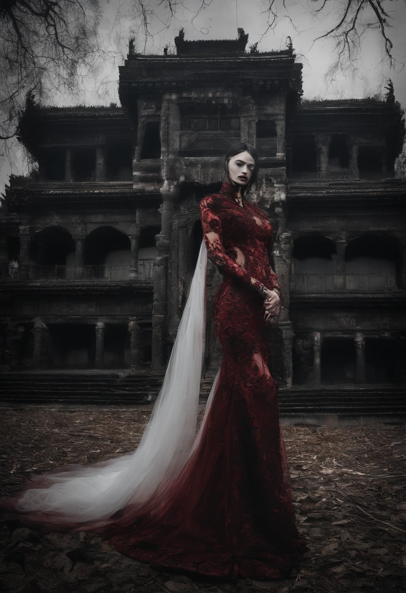 best qualtiy,tmasterpiece,hyper realisitc,超高分辨率,(realisticlying:1.4),Oriental ancient house in background,Breakage,Broken,Detal Face, 1 Oriental Girl,Redcoat,Wedding dress,Red veil,(Ghost smoke:1.2),The upper part of the body,a beauty girl,full bodyesbian,buliding,