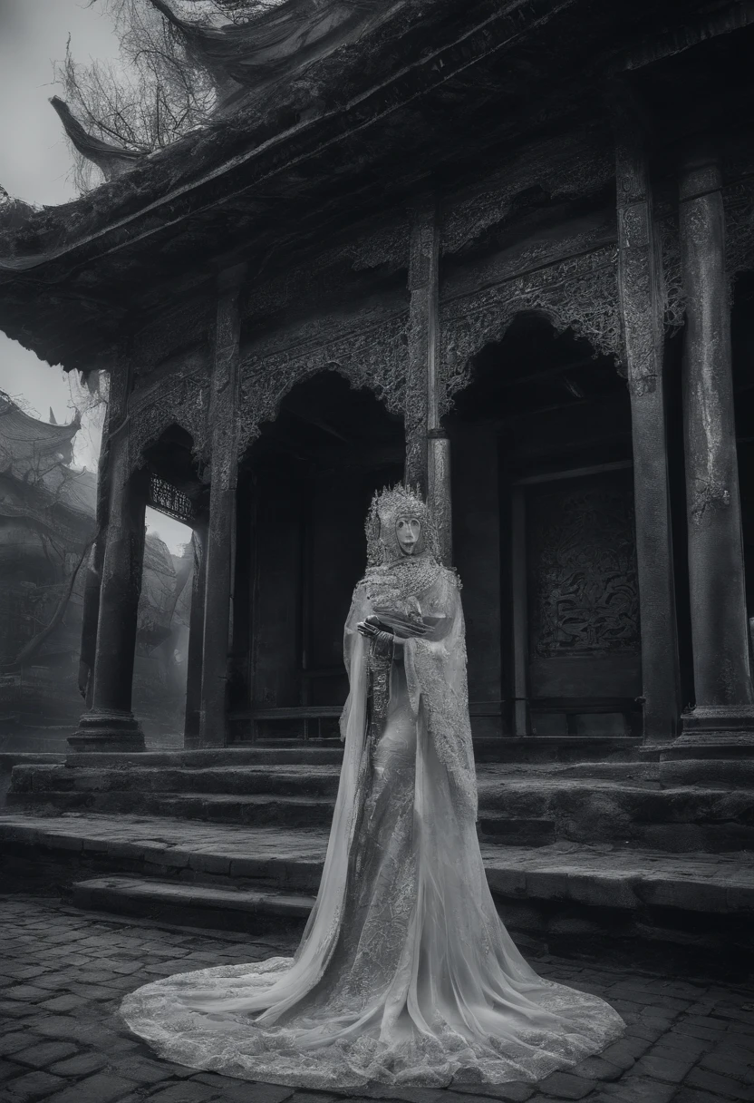 best qualtiy,tmasterpiece,hyper realisitc,超高分辨率,(realisticlying:1.4),Oriental ancient house in background,Breakage,Broken,Detal Face, 1 Oriental Girl,Redcoat,Wedding dress,Red veil,(Ghost smoke:1.2),The upper part of the body,a beauty girl,full bodyesbian,buliding,