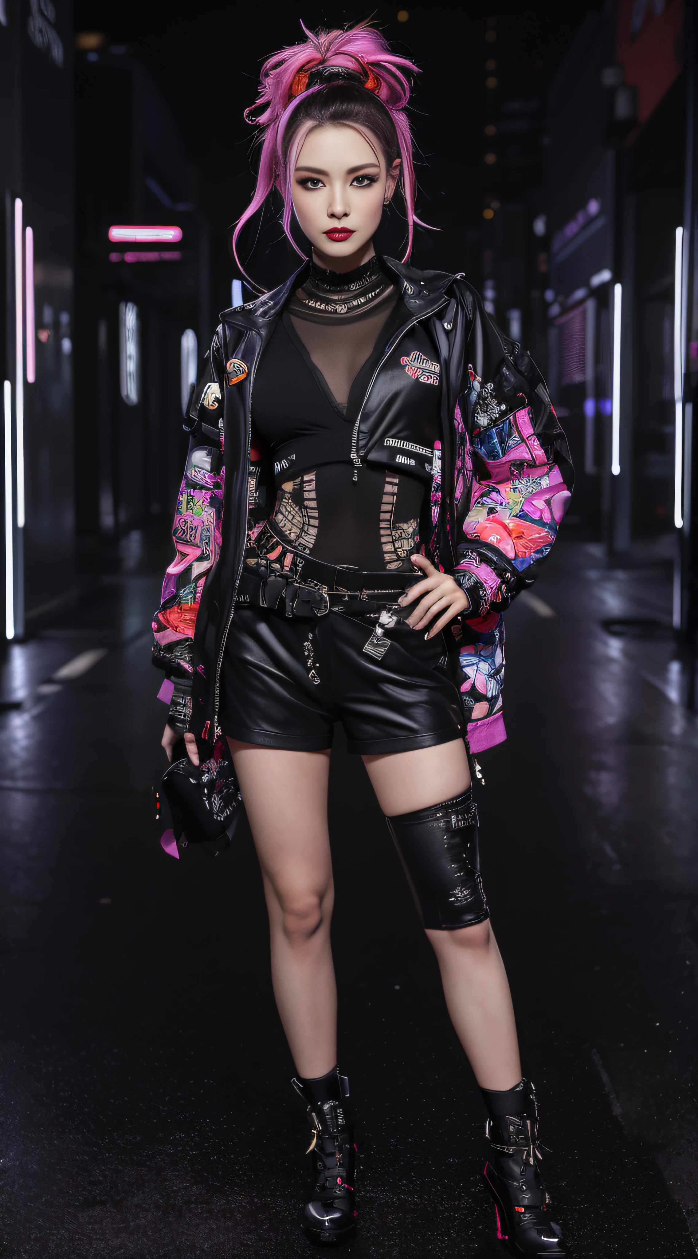 masterpiece, best quality, 1 cyberpunk girl, full body shot, looking at viewer, Confident cyberpunk girl with sassy expression, Harajuku-inspired pop outfit, bold colors and patterns, eye-catching accessories, trendy and innovative hairstyle, vibrant makeup, dark night black background, bright and vivid color scheme, detailed skin texture, detailed cloth texture, beautiful detailed face, intricate details, ultra detailed.