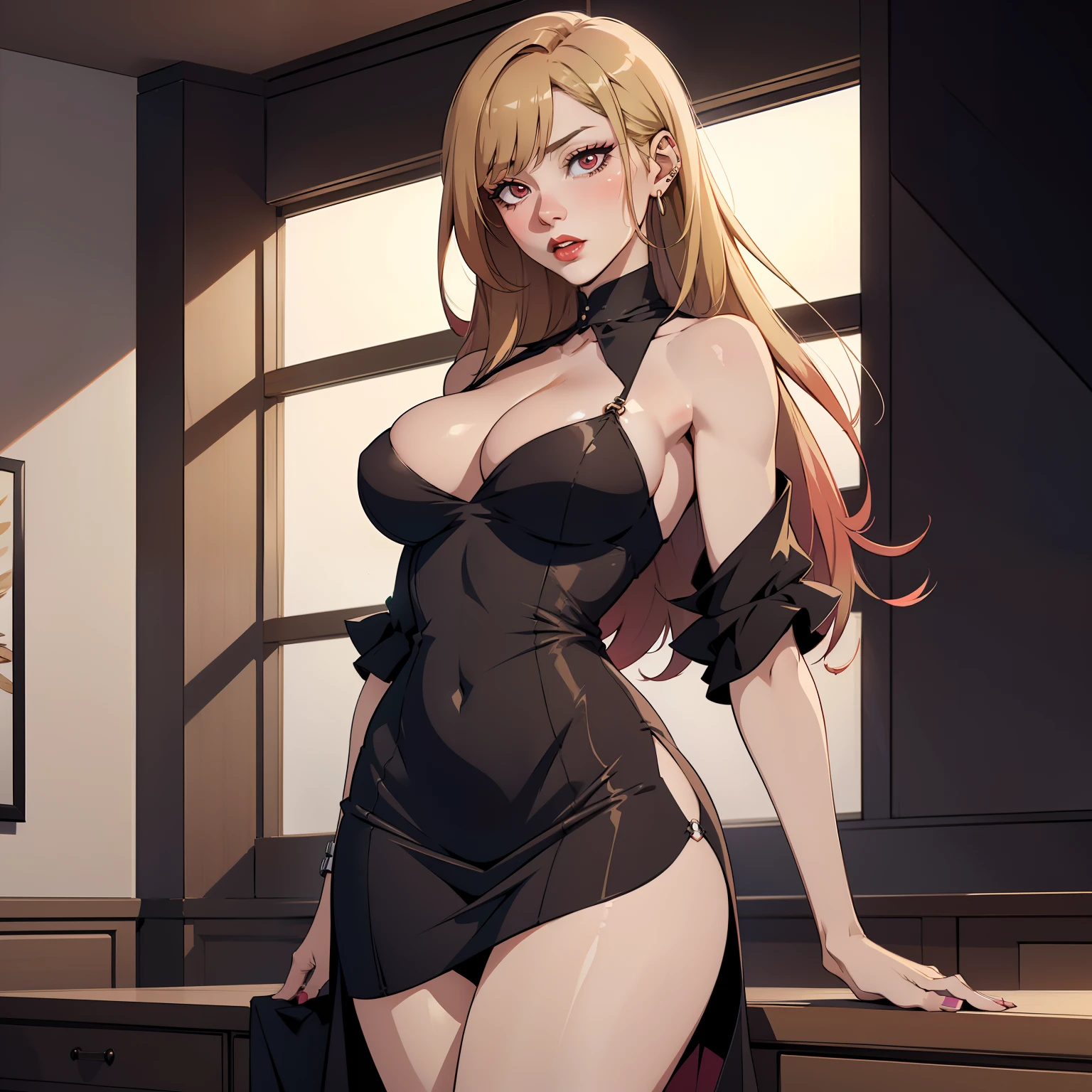 Hyper realistic super detailed sexy (Kitagawa Marin (My Dress-Up Darling)), NSFW, Very detailed, expressions faciales sexy, seductive facial expressions, [:(Face detail: 1.4): 0.4], 16K resolution, 4k resolution, dinamic lighting, High definition resolution, (sexy pose, Position attrayante), (hyper realistic: 1.4), (back light: 1.2), (sun light: 1), (pleine hauteur: 1.8),(contrasting background: 1.5), (Anatomy of the hyperrealistic arm), (Hyperrealistic anatomy of the legs), (peau propre), (lighting cinematic: 1.7), (intime), (Technologie NVIDIA RTX Ray Tracing), (Anatomy of the hyperrealistic arm: 2), (Ventre plat parfait), (image couleur),Create a 4K resolution, ultra-realistic, and extremely detailed artwork featuring a (Kitagawa Marin (My Dress-Up Darling)) CEO in a corporate office setting with a provocative style. (Kitagawa Marin (My Dress-Up Darling)) is the central character in the artwork, known for her commanding presence and bold appearance. Blonde hair, long hair, multicolored hair, red eyes, jewelry, earrings, piercing
(Kitagawa Marin (My Dress-Up Darling)) has a commanding presence. She has a provocative yet professional silhouette, with a tailored business suit that subtly emphasizes her figure. See a huge cleavage. Can see black lingerie. Her makeup is bold, with striking red lips and a gaze that demands attention.

She is dressed provocatively, making a bold fashion statement. Her business suit is exquisitely tailored, with a slightly low-cut blazer that adds a touch of allure to her attire. She wears a pencil skirt that accentuates her elegance and high heels that command authority. Her jewelry is exquisite, adding a touch of glamour to her overall appearance.
