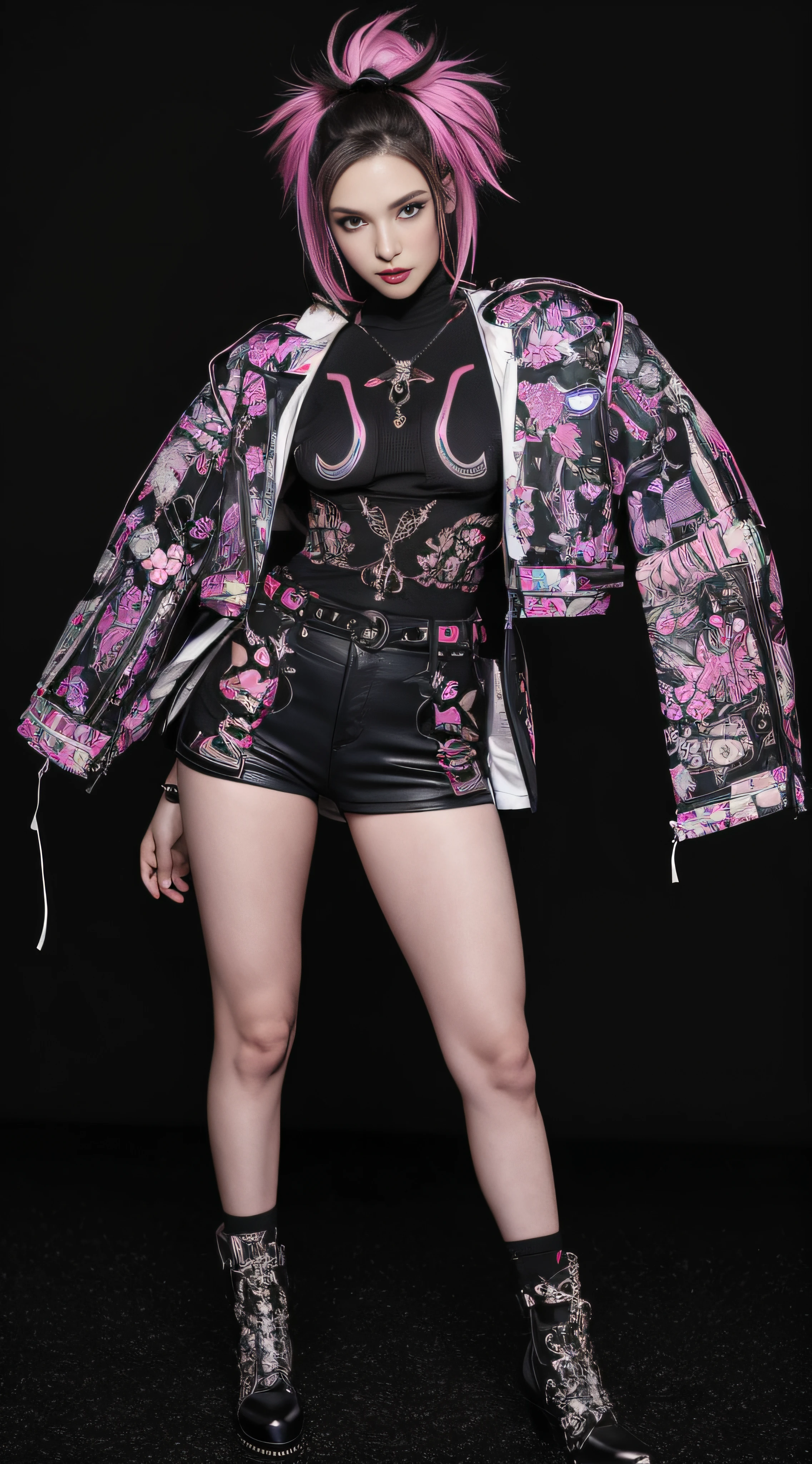 masterpiece, best quality, 1 cyberpunk girl, full body shot, looking at viewer, Confident cyberpunk girl with sassy expression, Harajuku-inspired pop outfit, bold colors and patterns, eye-catching accessories, trendy and innovative hairstyle, vibrant makeup, dark night black background, bright and vivid color scheme, detailed skin texture, detailed cloth texture, beautiful detailed face, intricate details, ultra detailed.