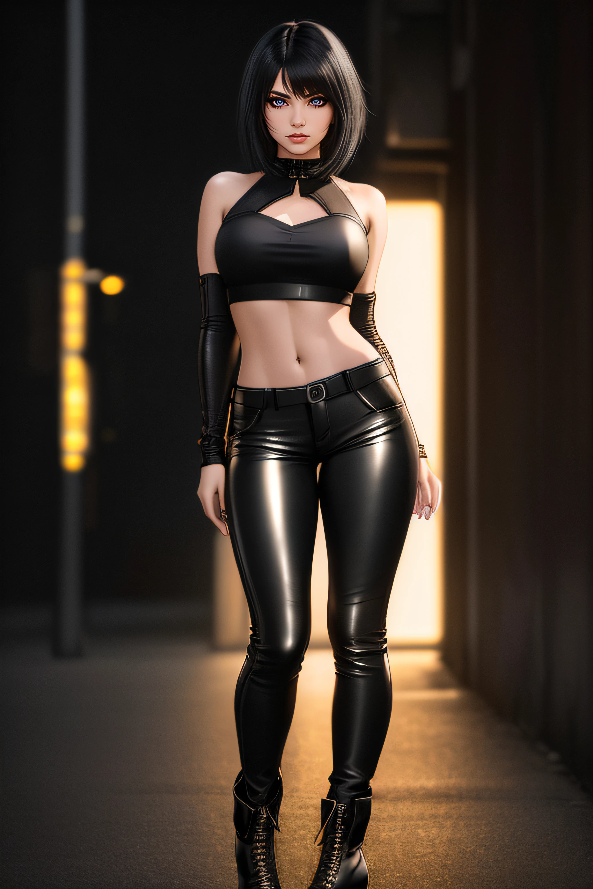 (((full body photo)))Photo of Anna of Arendelle wearing dominatrix suit, tight bdsm suit, standing seductively, dark room,, looking at camera, long ankle boots, belly button showing