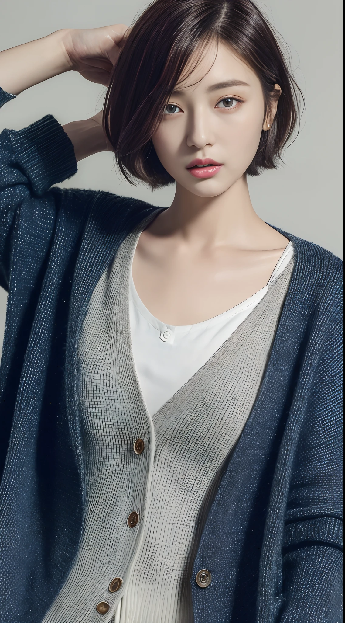 ((top-quality、8K、​masterpiece:1.3))、女の子1人、Slender beauty:1.3、(Medium short hair、tiny chest:1.2)、Dark blue cardigan:1.1、hyperdetailed face、A detailed eye、二重まぶた、Fashionable clothes