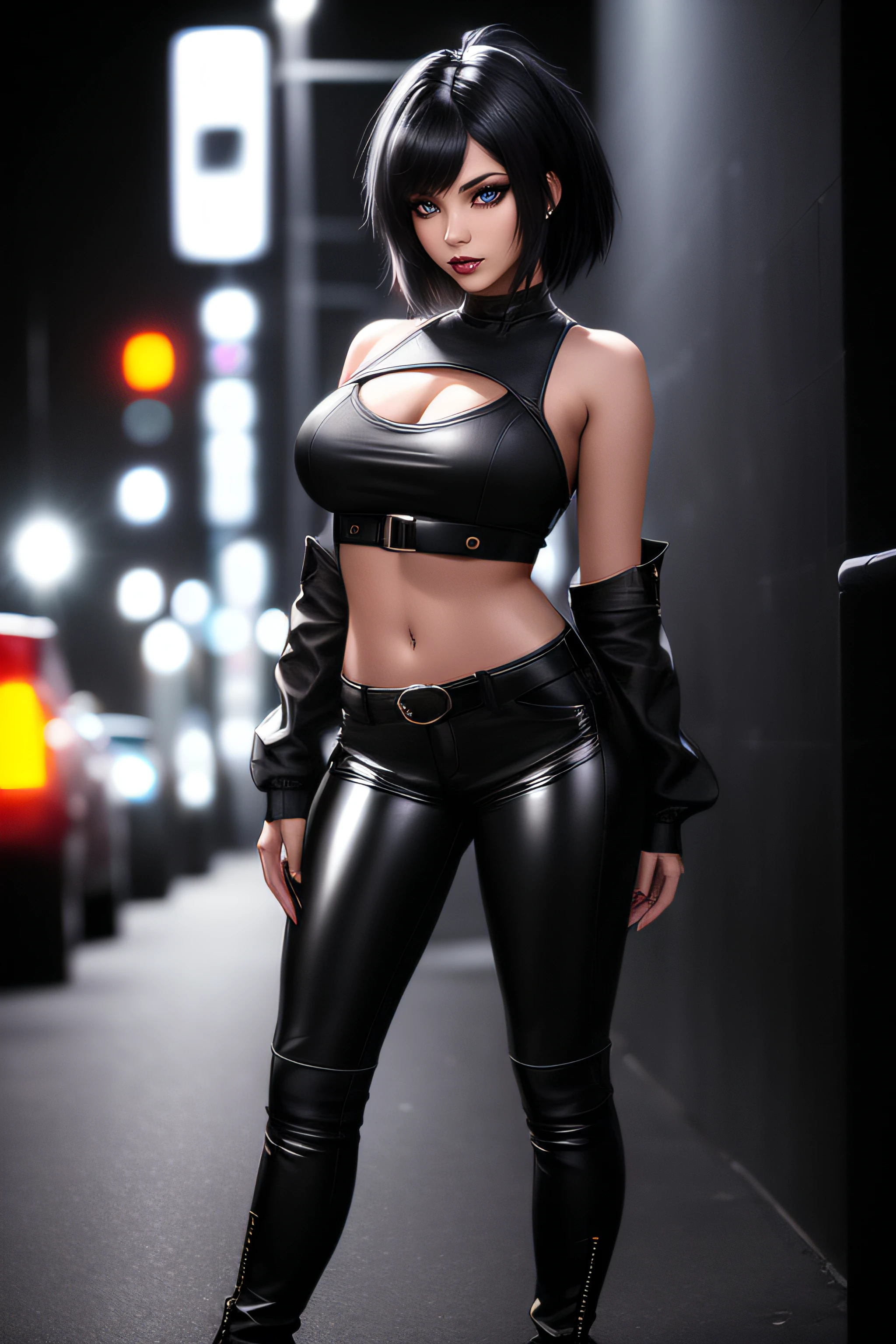 beautiful girl, ((standing:1.4)), (confident gaze:1.1), full body, short bright neon streaked black hair, ((large light realistic highly detailed eyes:1.4)), ((seductive pose:1.2)), black eyeshadow, (street style wear:1.2), ((tight fitted pants)), ((knee high leather boots)), (dark city night black background:1.4), dark makeup, digital art, trending on artstation, highly detailed, fine detail, intricate, beautiful detailed glow, detailed, Cinematic light, high-res, detailed facial features, sharp focus, smooth, aesthetic,