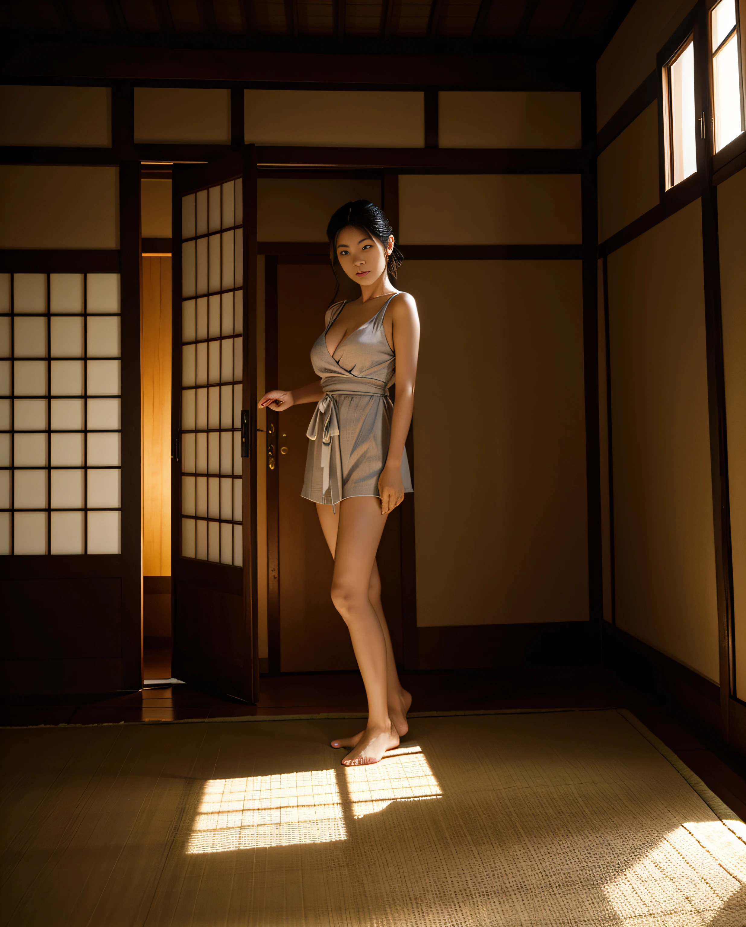 One Japan woman in a traditional house in an old Japan, (NSFW, Real Face, Real Skin, Real nipples, Real areola, masutepiece, Beautiful face, 16 K, Best Quality), Dark room, Faint lighting, mid night:2, darkness:2, deep v neck, wide chest opening, Deep cleavage, Elegant dress, Interior of an old house with natural beauty and a calm Japan, a bucket of water in the kitchen placed on an earthen floor where cooking or agricultural work was carried out,,Tatami floor room at the back of the dirt floor, Tatami mats with moisture control and heat retention, Rooms with multiple rooms separated by fusuma, Fusuma that can be opened and closed to change the layout, futon bedding、bureau、Shoji paper pasted on the window of the room,Shoji paper brings soft light to the room with the transparency of Japanese paper.,