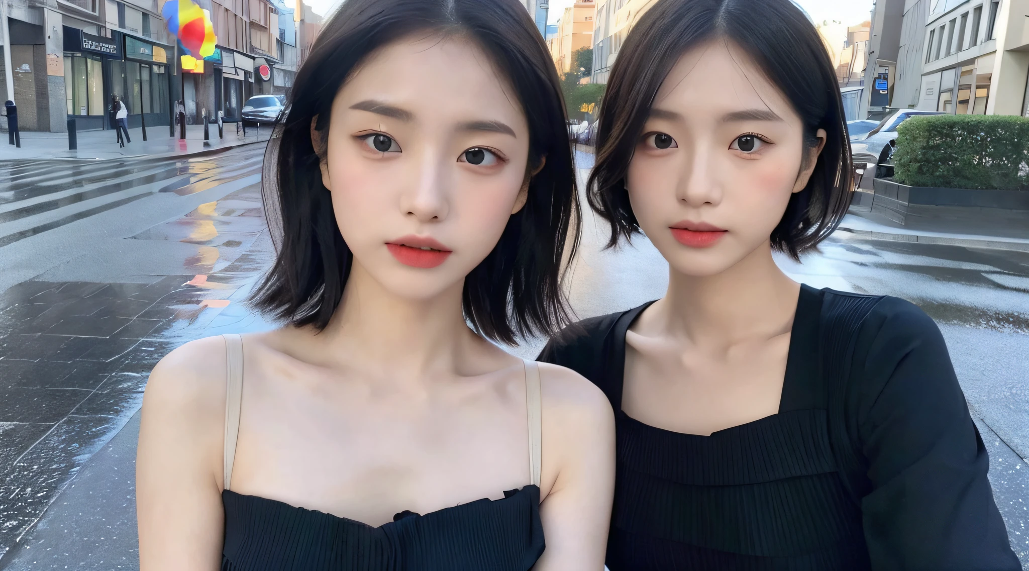 Black dress posing for a photo，Beautiful Asian Girls，Korean girls，Girl's cute thin face，Young woman，short detailed hair，sakimichan，((best qualtiy, 8k, tmasterpiece:1.3)), Focus:1.2, perfect figure beautiful woman:1.4, Cocked buttocks:1.2, ((Cut hair in layers, Beautiful breasts:1.2)), (wetclothes:1.1) , (Rain, Street:1.3), Bandeau Dress:1.1, Highly detailed facial and skin texture, A detailed eye, 二重まぶた，Whiten skin，long whitr hair,(Keep one's mouth shut:1.3)，after rainny，(Sky rainbow:1.1)，（black color dress:1.2）,Blue ocean。