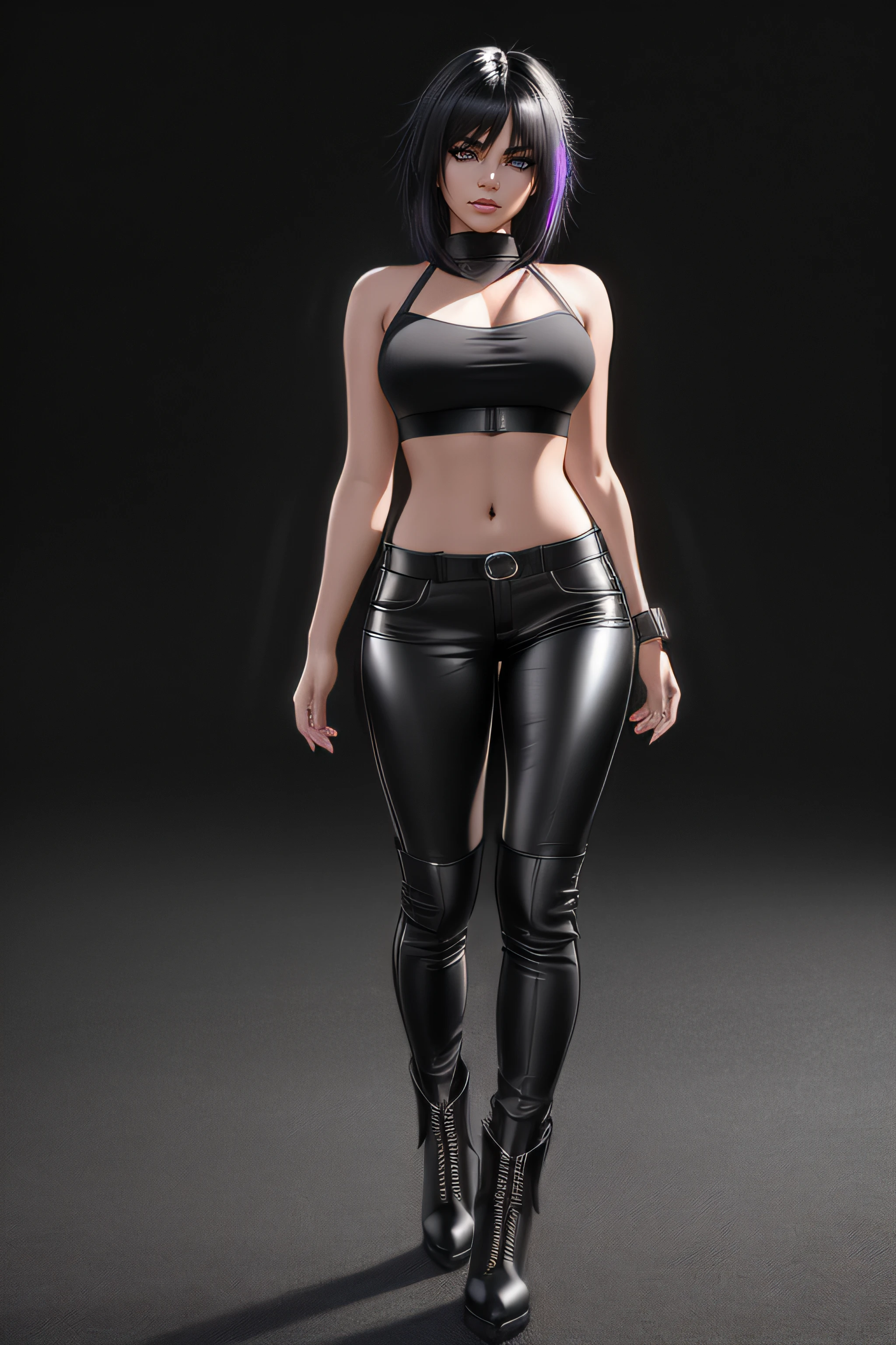 beautiful girl, ((standing:1.4)), (confident gaze:1.1), full body, short bright neon streaked black hair, ((large light realistic highly detailed eyes:1.4)), ((seductive pose:1.2)), black eyeshadow, (street style wear:1.2), ((tight fitted pants)), ((knee high leather boots)), (dark city night black background:1.4), dark makeup, digital art, trending on artstation, highly detailed, fine detail, intricate, beautiful detailed glow, detailed, Cinematic light, high-res, detailed facial features, sharp focus, smooth, aesthetic,