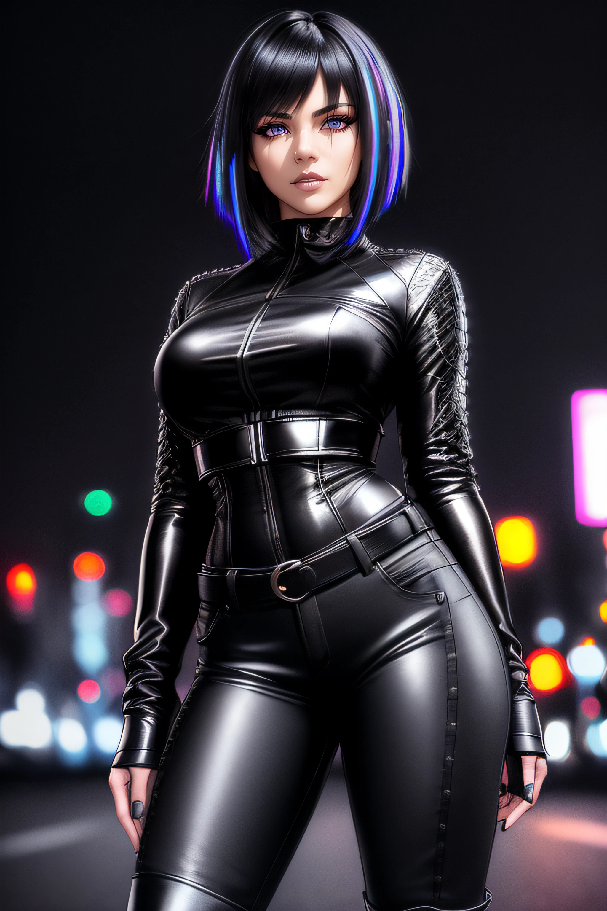 beautiful girl, ((standing:1.4)), (confident gaze:1.1), full body, short bright neon streaked black hair, ((large light realistic highly detailed eyes:1.4)), ((seductive pose:1.2)), black eyeshadow, (street style wear:1.2), ((tight fitted pants)), ((knee high leather boots)), (dark city night black background:1.4), dark makeup, digital art, trending on artstation, highly detailed, fine detail, intricate, beautiful detailed glow, detailed, Cinematic light, high-res, detailed facial features, sharp focus, smooth, aesthetic,