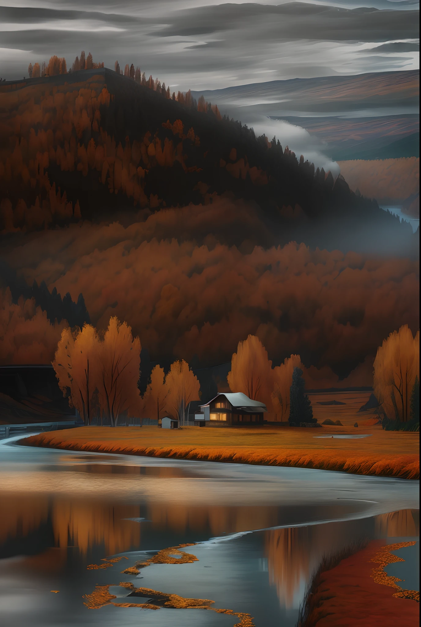 autumn scenery，Cloudy mountains，house，river water，inverted image