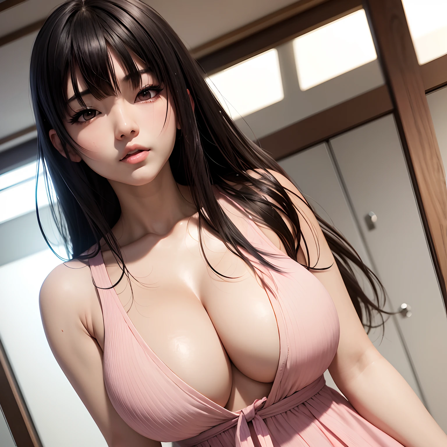 Japanese girl, large chest, dress, ahegao face, black hair, bangs, brown eyes, light pink lips, sharp chin, thin neck, hyper realism, realistic