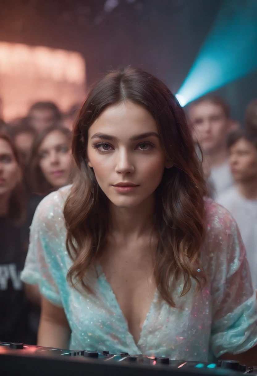 ((masterpiece:1.3)), ((best quality:1.3)), ((ultra_detailed:1.3)), luminous design, pastel colors, ink drips, DJ, close-up shot of upper body, observing the crowd, In this mesmerizing visual composition, a woman takes center stage, surrounded by a luminous design that radiates with vibrant pastel colors. The design seems to come alive, with ink drips cascading down, adding an ethereal touch to the scene. The woman, a DJ, is captured in a close-up shot of her upper body, standing behind the decks. Her gaze is fixed upon the crowd, observing their every move. The intensity in her eyes reflects her deep connection with the music and the energy of the crowd. The composition is meticulously detailed, with every intricate pattern and color gradient of the luminous design rendered with precision. The pastel colors create a dreamlike atmosphere, enhancing the enchanting aura of the scene. The ink drips add a touch of unpredictability and creativity, symbolizing the fluidity and artistry of the DJ's craft. As the DJ observes the crowd, the energy in the room is palpable. The crowd is a blur of movement, with hands raised and bodies swaying to the rhythm. The DJ's presence is magnetic, guiding the energy of the room with her music selection and skillful mixing. This composition is a true masterpiece, capturing the fusion of music and visual art in a captivating and immersive way. It celebrates the creativity and passion of DJs, while inviting viewers to be part of the electrifying atmosphere of a live performance.