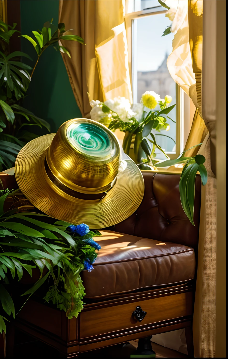 Architectural Digest photo of a maximalist green {vaporwave/steampunk/solarpunk} living room with lots of flowers and plants, golden light, hyperrealistic surrealism, award winning masterpiece with incredible details, epic stunning