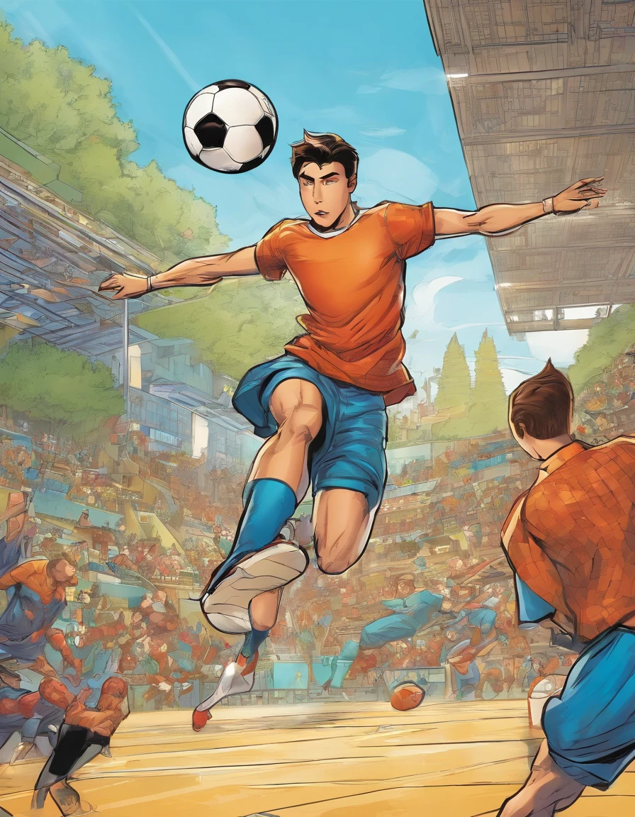 A boy playing football,soccer court,youthfulness,vibrancy. Storyboard:1.8, cartoon strip,comic:: en una casa futurista, Estilo Comic de Marvel, hiperHD, 24K UHD,