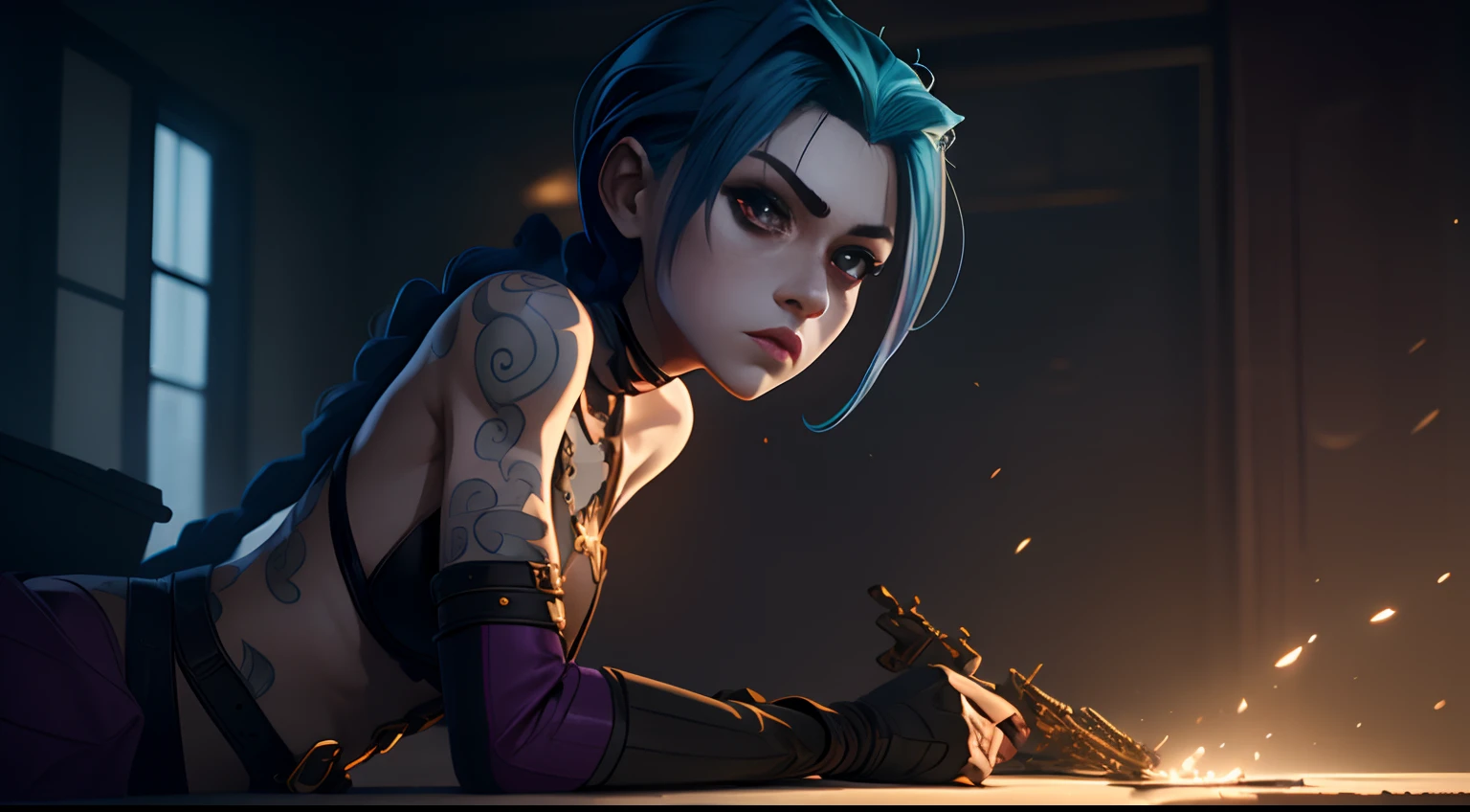 Jinx's character design, Dynamic movements, lying naked on her back, bare breast, covers the chest with his hands, Swollen , butt, kitty, sexypose, Beautiful figure, Arcane's Jinx, Bright blue and purple sparks all around, glowing eyes, Pink glowing eyes, hairlong, hairsh, braided into long braids, Pigtails hang below the knee, Hair color changes from bright blue to navy blue, Dressed in brown breeches, Leather boots on the feet, Top with four gold circles on the chest in the middle of the chest, Blue cloud tattoos on shoulders and waist, Long bangs, hanging on the right side, Belt with cartridges on the belt, Arcane style, extremely detailed CG unity 8k wallpaper, detailed light, Cinematic lighting, chromatic aberration, glittering, expressionless, epic composition, dark in the background, Cherecter Desing, Very detailed, Detailed body, Vibrants, Detailed Face, sharp-focus, anime art, Vibrants, Detailed Face, Hugh Details, sharp-focus, Very drooping face, A detailed eye, super fine illustration, better shadow, finely detail, Beautiful detailed glow, Beautiful detailed, Extremely detailed, expressionless, epic composition,