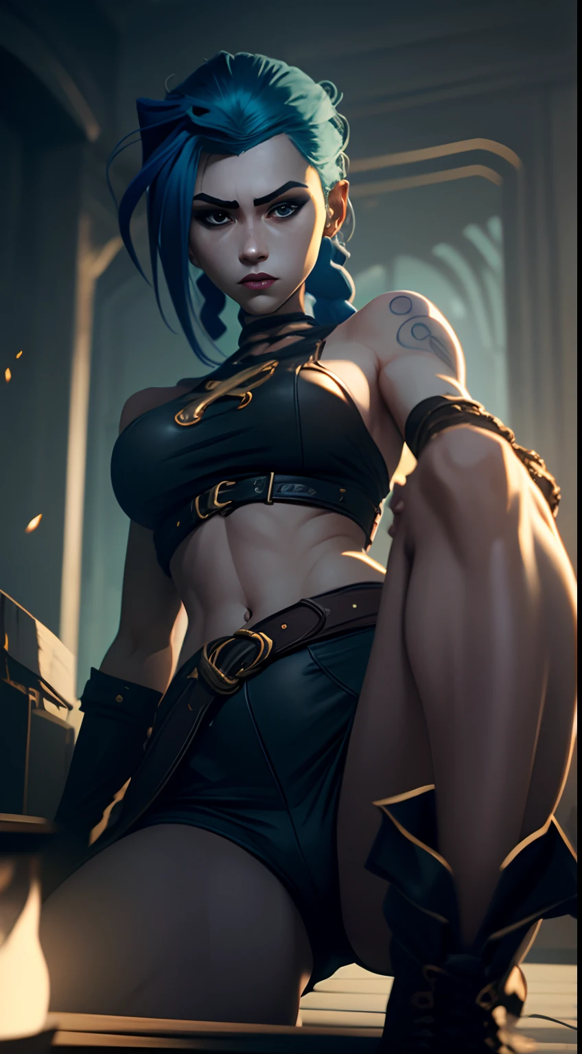 Jinx's character design, Dynamic movements, lying naked on her back, bare breast, covers the chest with his hands, Swollen , butt, kitty, sexypose, Beautiful figure, Arcane's Jinx, Bright blue and purple sparks all around, glowing eyes, Pink glowing eyes, hairlong, hairsh, braided into long braids, Pigtails hang below the knee, Hair color changes from bright blue to navy blue, Dressed in brown breeches, Leather boots on the feet, Top with four gold circles on the chest in the middle of the chest, Blue cloud tattoos on shoulders and waist, Long bangs, hanging on the right side, Belt with cartridges on the belt, Arcane style, extremely detailed CG unity 8k wallpaper, detailed light, Cinematic lighting, chromatic aberration, glittering, expressionless, epic composition, dark in the background, Cherecter Desing, Very detailed, Detailed body, Vibrants, Detailed Face, sharp-focus, anime art, Vibrants, Detailed Face, Hugh Details, sharp-focus, Very drooping face, A detailed eye, super fine illustration, better shadow, finely detail, Beautiful detailed glow, Beautiful detailed, Extremely detailed, expressionless, epic composition,