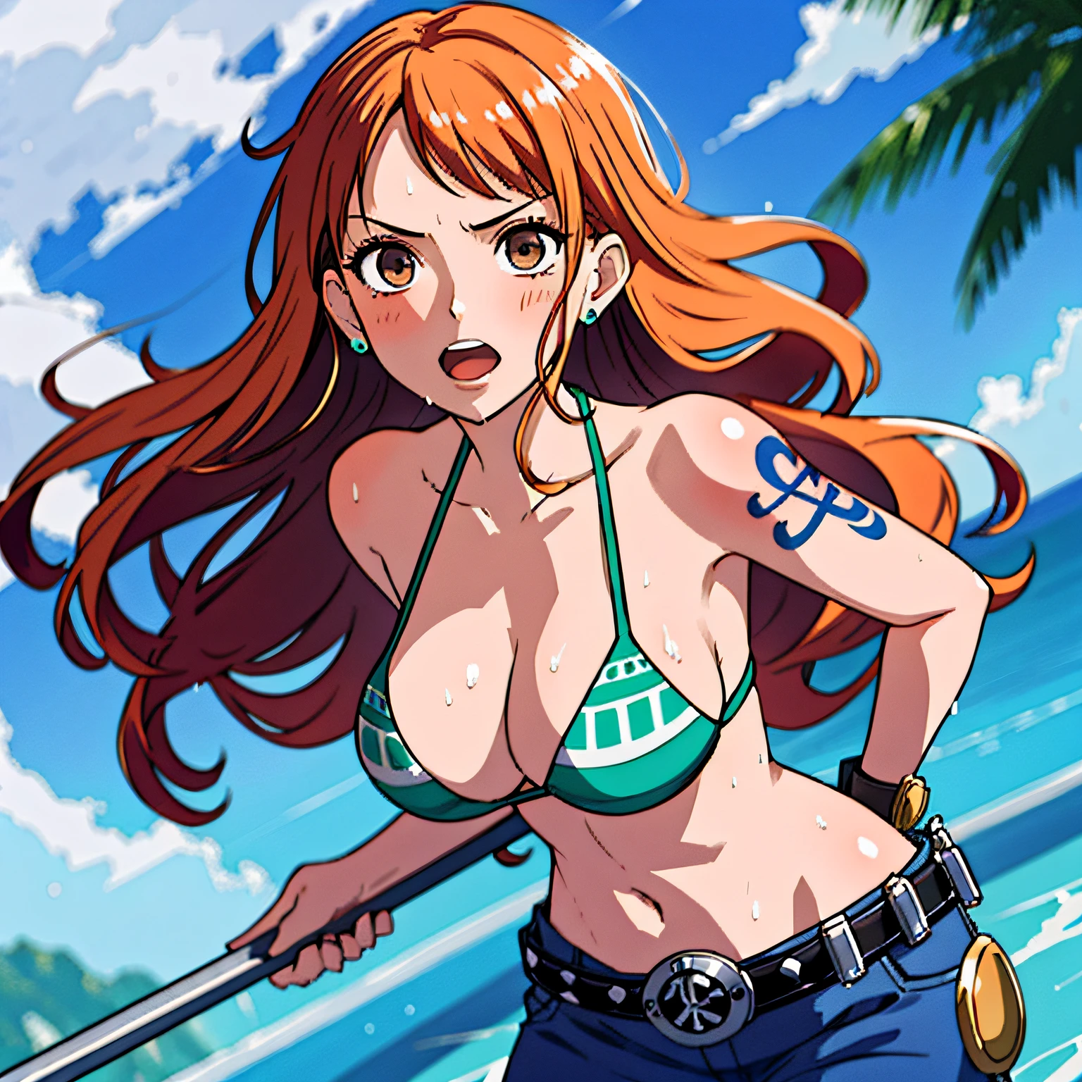 detailed background, masterpiece, 4k, epic, best quality, late youth, adult, wrestler body, strong, 1girl, active, energic, (large mouth) , solo, nami \(one piece\), 1girl, bangle, (very wet, drenched in sweat, sweat all over body, very wet hair, tired, open mouth, exhausted, shouting, sweaty face, sweaty body, sweating too much, shiny sweat, leaning, hands on hips, serious, glaring, open eyes, perfect detailed face, round face, sweat on face) bold drawing lines, muscular arms, detailed bold arm lines, flat jaw, adult woman, wavy wide streaked bangs, floating bang, (big cheeks), bare shoulders, off-shoulders, belt, bikini, bikini top only, blue sky, bracelet, springy breasts, breast lines, big round eyes, very big brown shiny eyes, bubbles, high eye position, cleavage, cloud, day, denim, earrings, floating hair, shiny hair, green belt, green bikini, bold groin lines, jeans, jewelry, medium breasts, log pose, long hair, looking at viewer, big navel, wet hair, orange hair, pants, shoulder tattoo, sidelocks, sky, solo, standing, stomach, Showing , , pink ,big round , visible ,wet body , milf,, tattoo , looking at viewer, open mouth, detailed left arm, big forehead, hourglass figure, small head, toned body, wide hair, wind effect, sun effect, under the sun, narrow small ears angle, older, random poses,