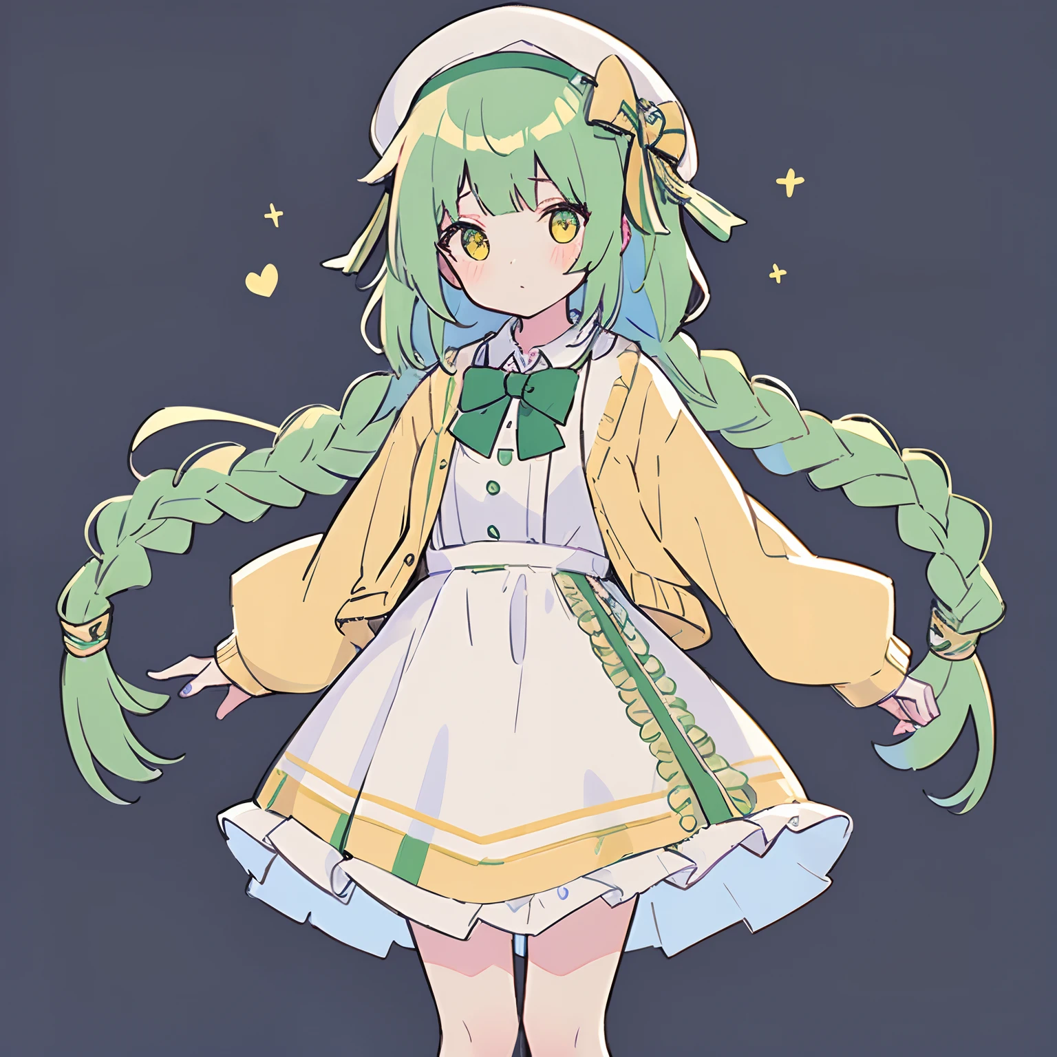 masterpiece, best_quality, clear details,1girl, green hair , twin braid, little braid, yellow eyes, cat ears, brown beret, white dress, beige cardigan, green tie, concept art, full body