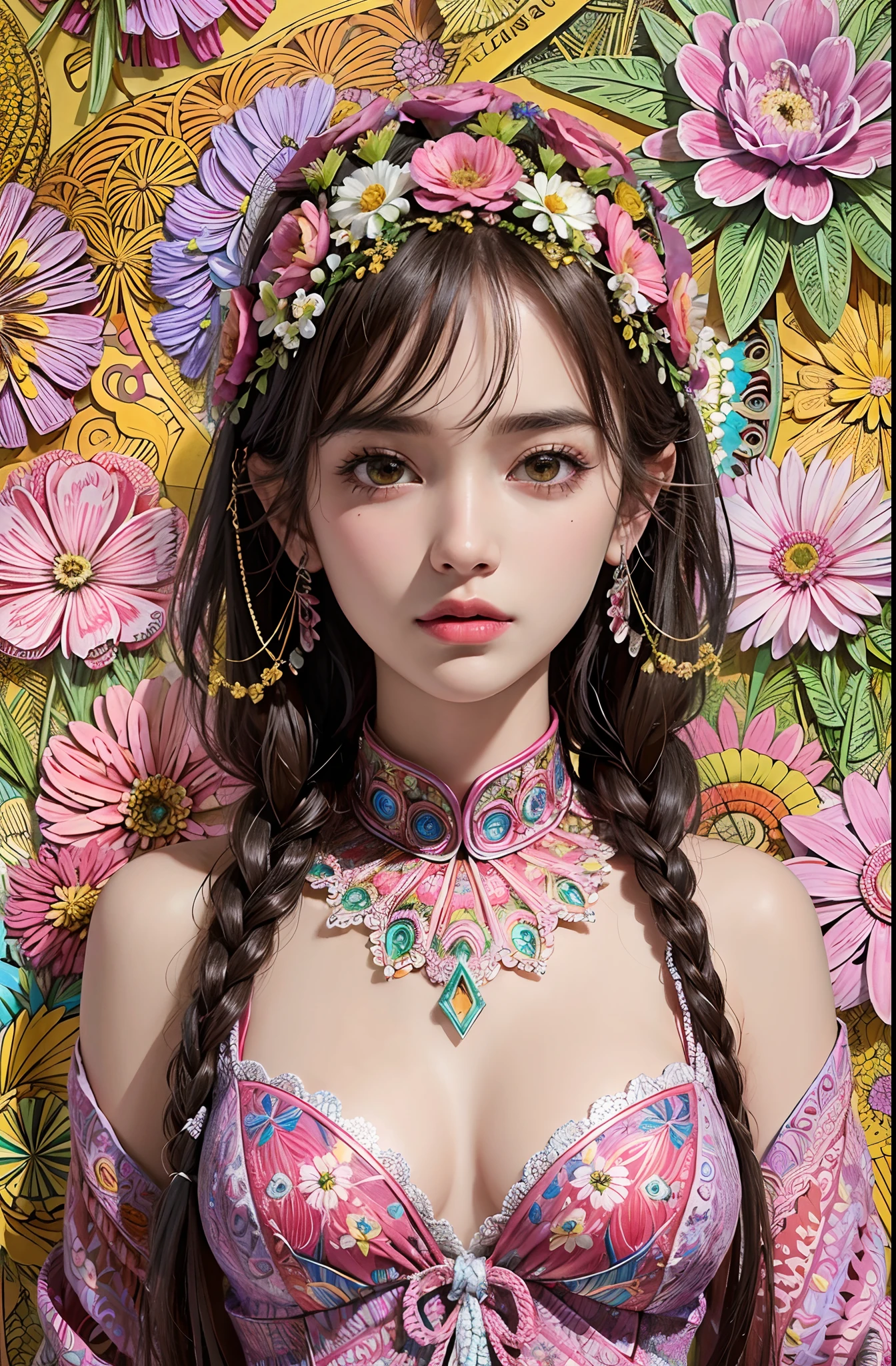 (ultra-detailed background, detailed background), absurdres, highres, ultra detailed, extremly detailed, 1girl, (bunch of flowers:1.3), (zentangle:1.2), (geometric:1.2),(colorful),