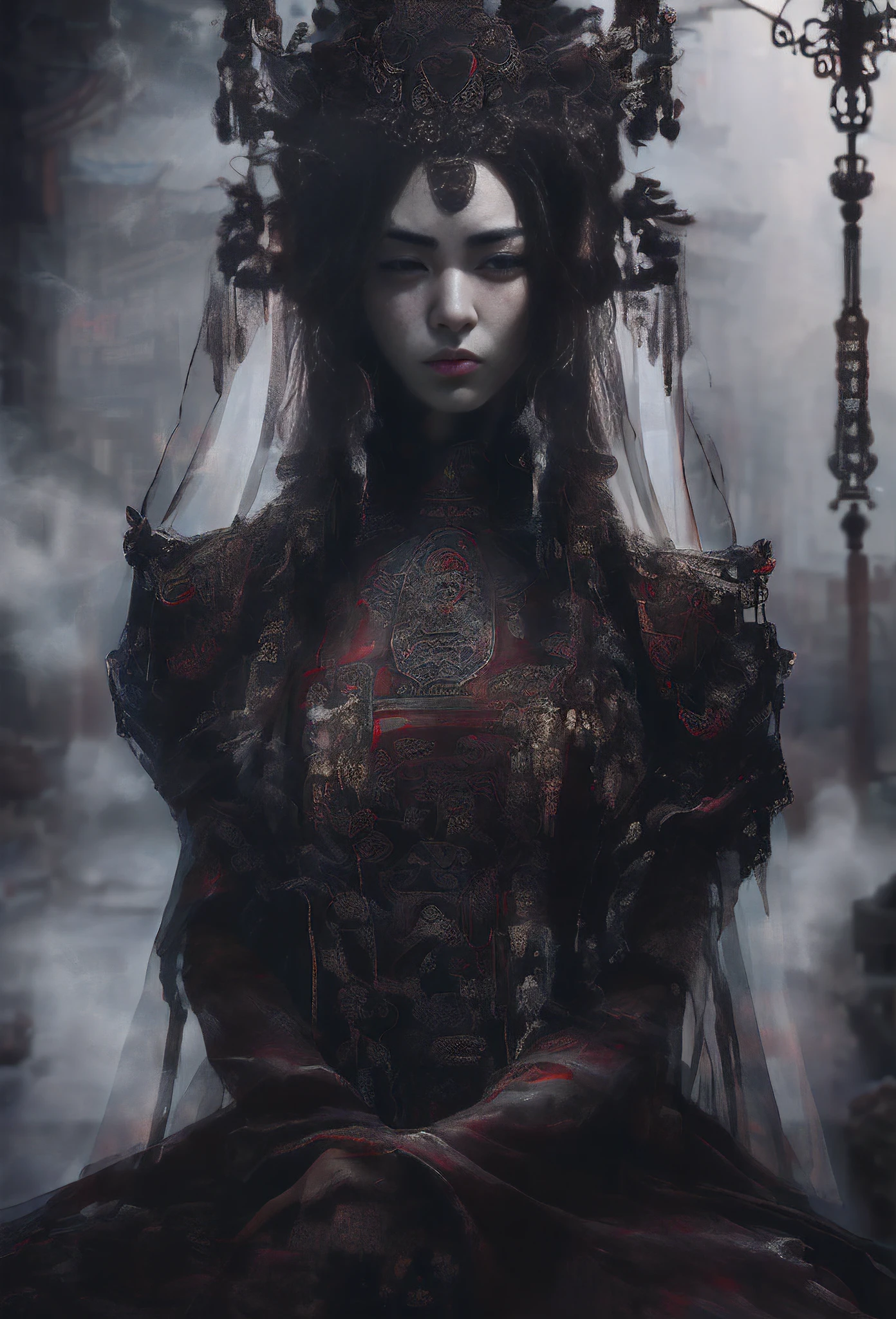 best qualtiy，tmasterpiece，hyper realisitc，超高分辨率，（realisticlying：1.4），Oriental ancient house in the background，Breakage，Broken，Detal Face， 1 Oriental Girl，Redcoat，Wedding dress，red veil，（Ghost smoke：1.2），The upper part of the body，a beauty girl，full bodyesbian，buliding，