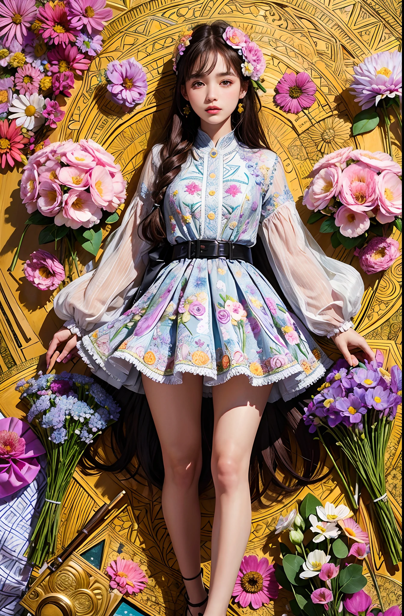 (ultra-detailed background, detailed background), absurdres, highres, ultra detailed, extremly detailed, 1girl, (bunch of flowers:1.3), (zentangle:1.2), (geometric:1.2),(colorful),