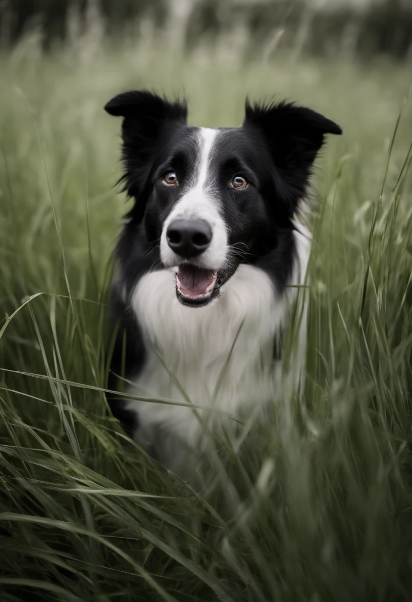 a black and white photo of a dog in tall grass, border collie, portrait shot, hiding in grass, happy dog, monochrome black and white, in the grass, closeup portrait shot, giant eyes in the grass, staring, by Matthias Weischer, aussie, candid portrait photo, curious, hunting, by Stefan Gierowski, in a grassy field, detailed portrait shot