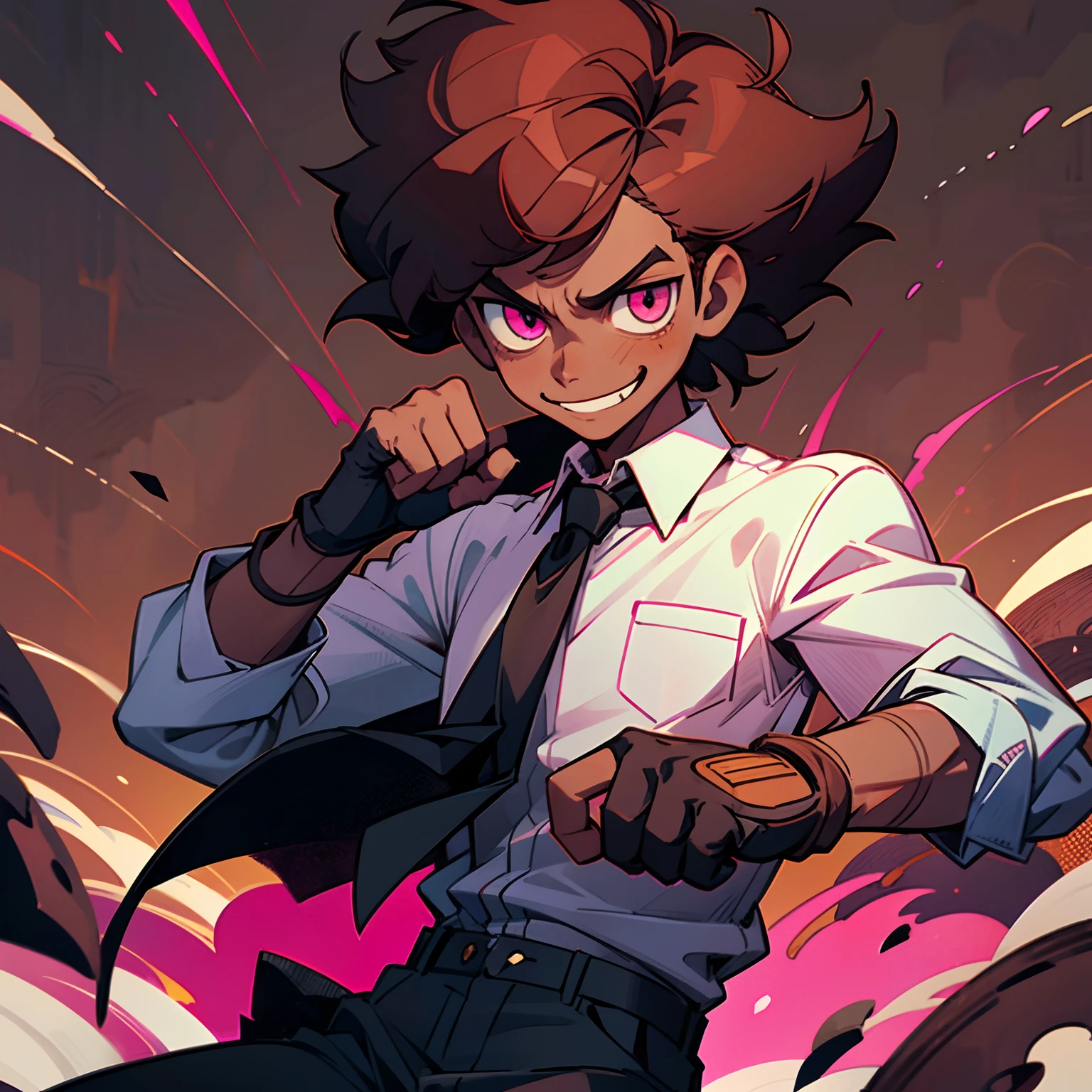 ((solo)), black male character, around 25 years old, wearing a white button-up shirt with a black tie. messy brown hair, pink eyes, black gloves on his hands. a evil defiant smile. brown skin, hands clenched into fists.