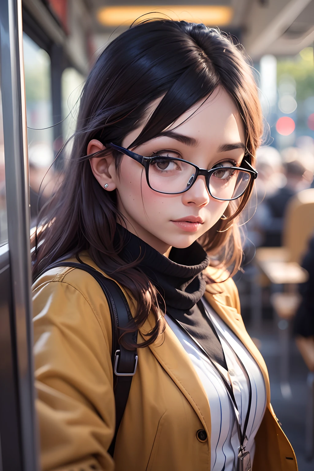 there is a woman wearing glasses standing on a bus, very very low quality picture, looking from side, taken with sony a7r camera, very accurate photo, with accurate face, very silly looking, selfie photo, candid picture, taken in the early 2020s, 8k selfie photograph, !!wearing modern glasses!!, captured with sony a3 camera