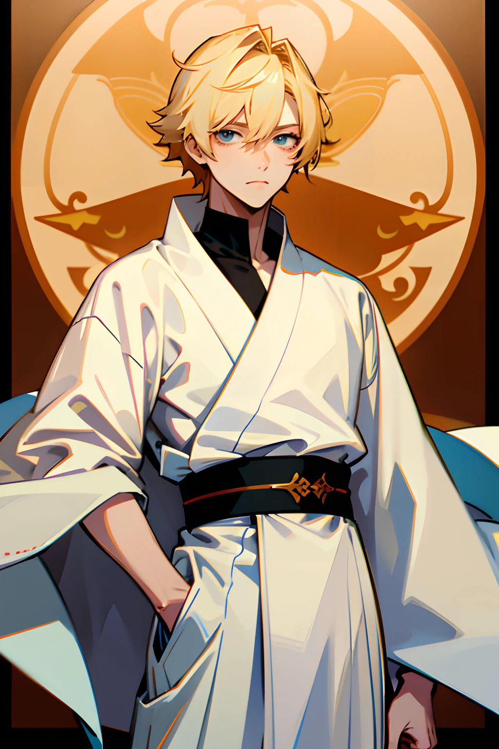 anime boy with blonde hair In a white robe, cold anime pose,((masterpiece)),((highly detailed)),((high quality)),Standing straight, holding his collar,comma hair,